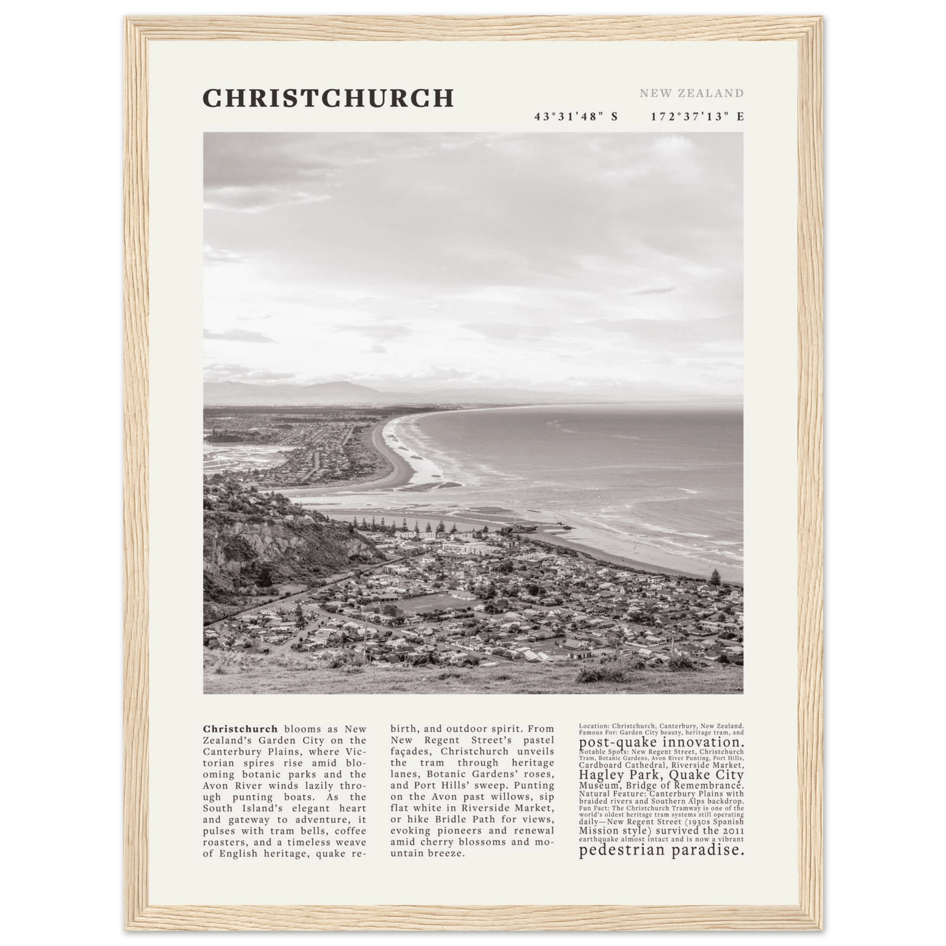 Christchurch New Zealand Poster Black and White – Vintage Garden City Panorama Print - Evergreen Posters