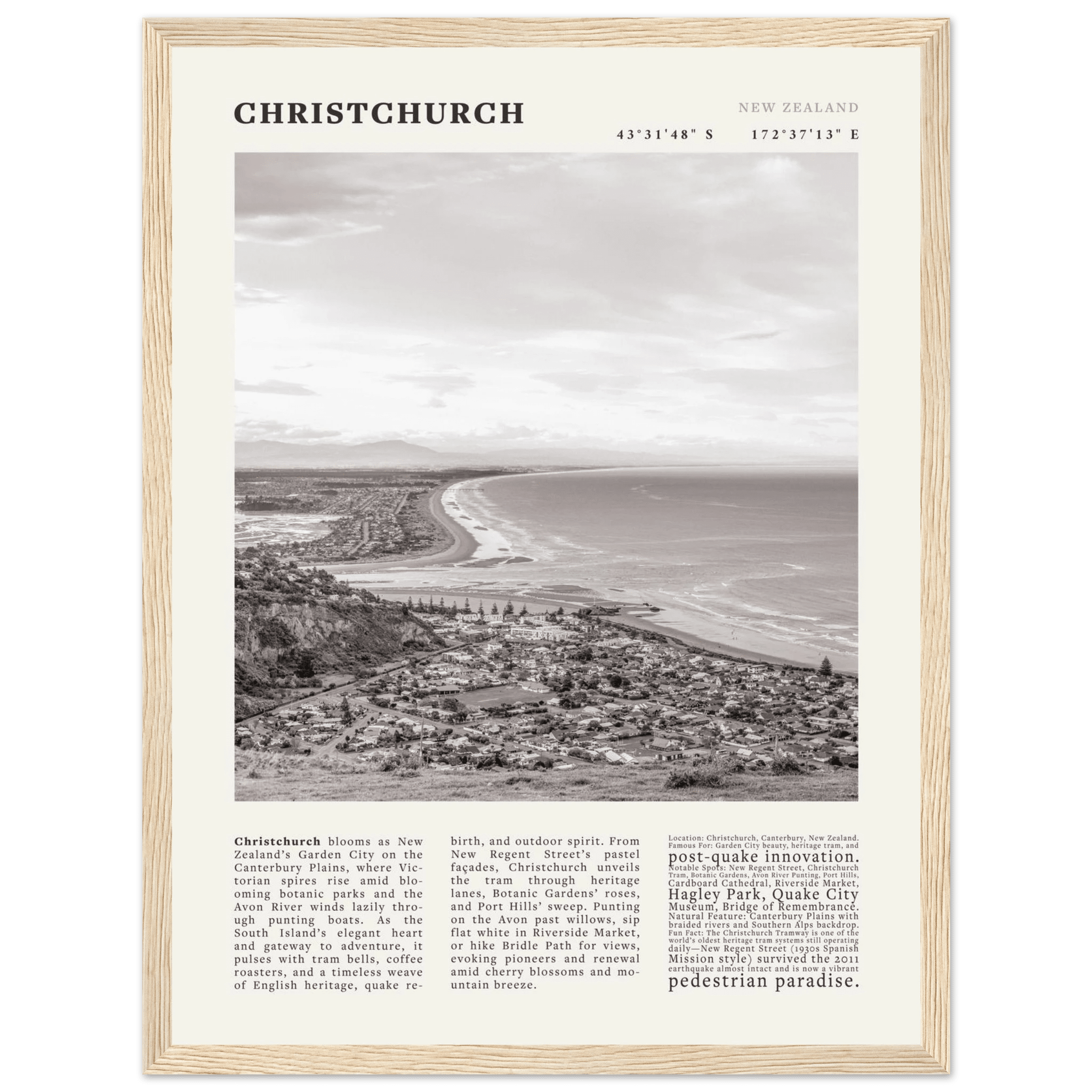 Christchurch New Zealand Poster Black and White – Vintage Garden City Panorama Print - Evergreen Posters