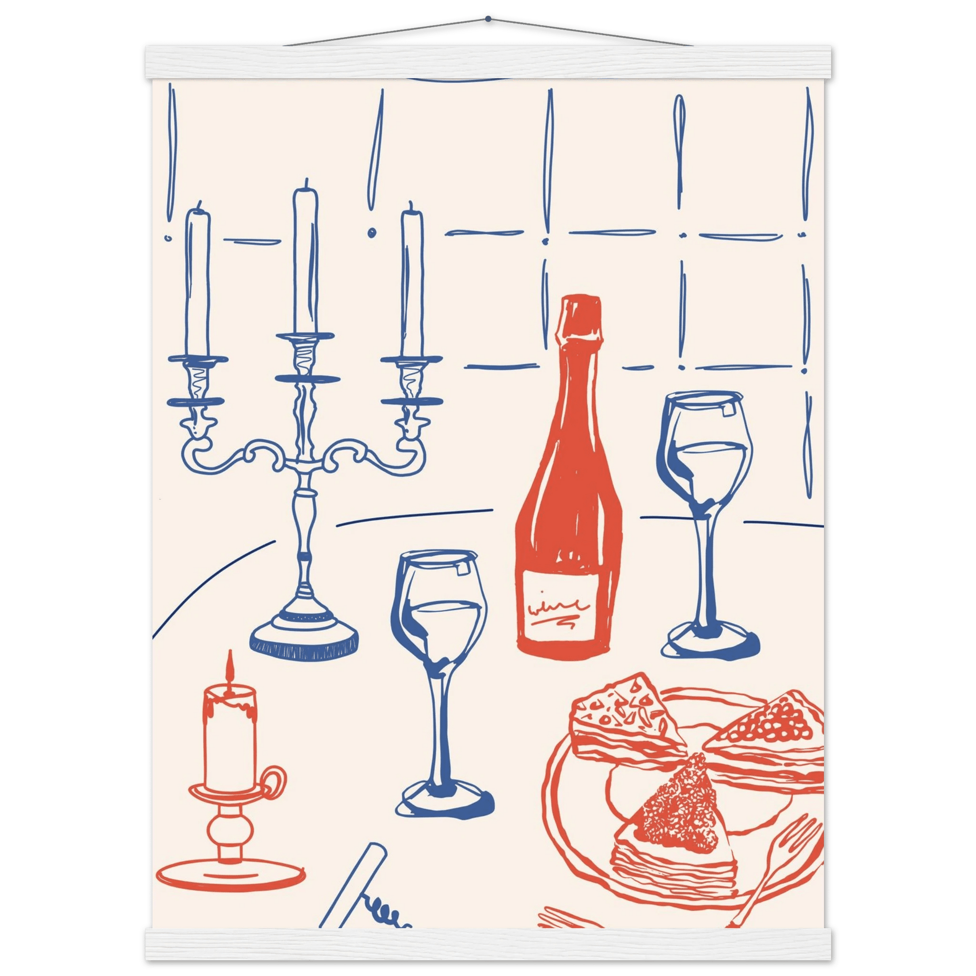 Candlelight Dinner Print | Wine & Candelabra Line Art Wall Art | Kitchen Poster - Evergreen Posters