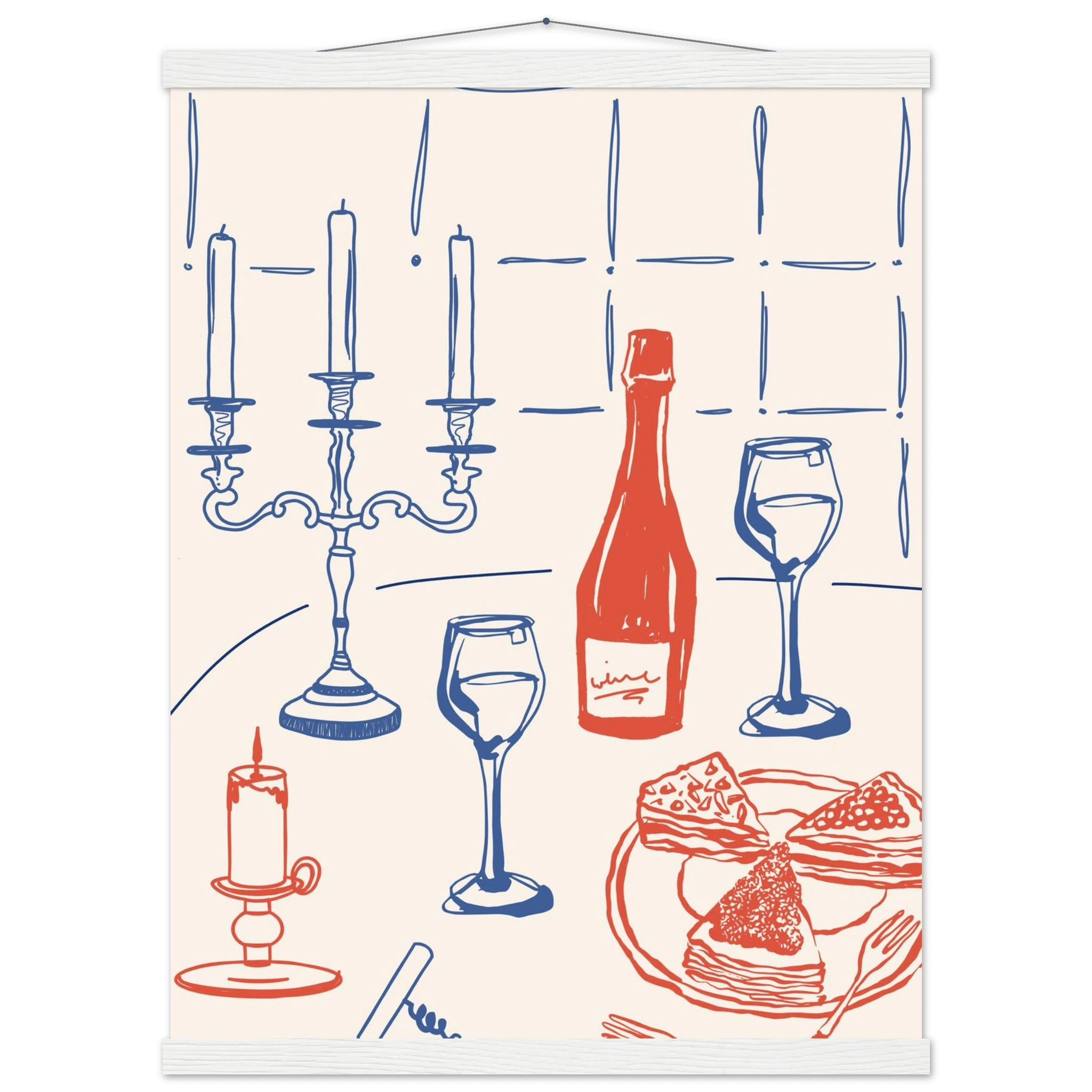 Candlelight Dinner Print | Wine & Candelabra Line Art Wall Art | Kitchen Poster - Evergreen Posters