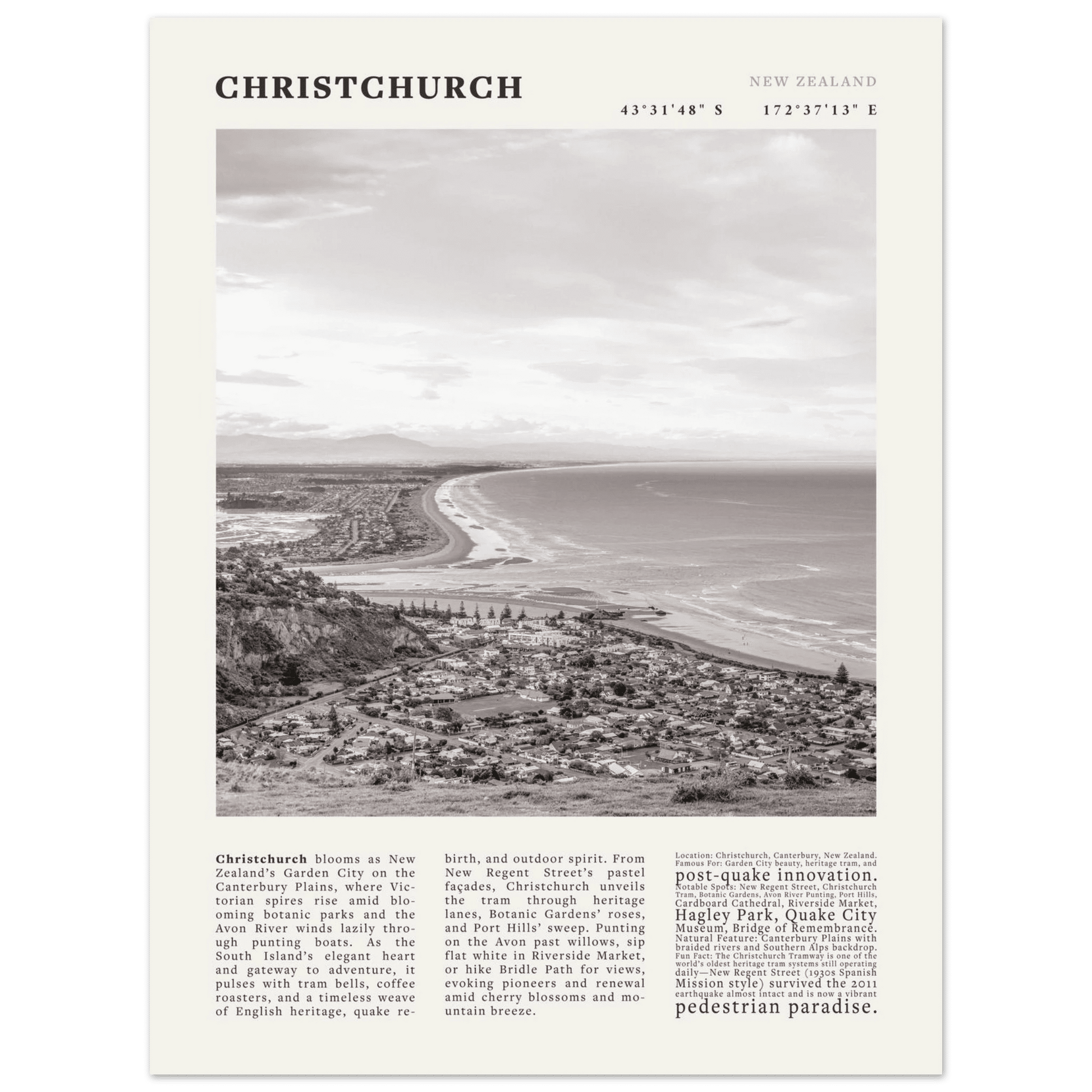 Christchurch New Zealand Poster Black and White – Vintage Garden City Panorama Print - Evergreen Posters