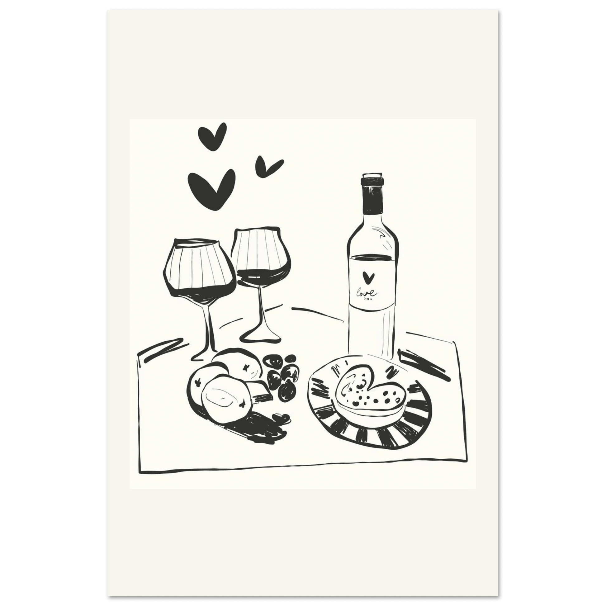 Wine for Two Print | Black Line Art Romantic Kitchen Wall Art | Couples Poster - Evergreen Posters