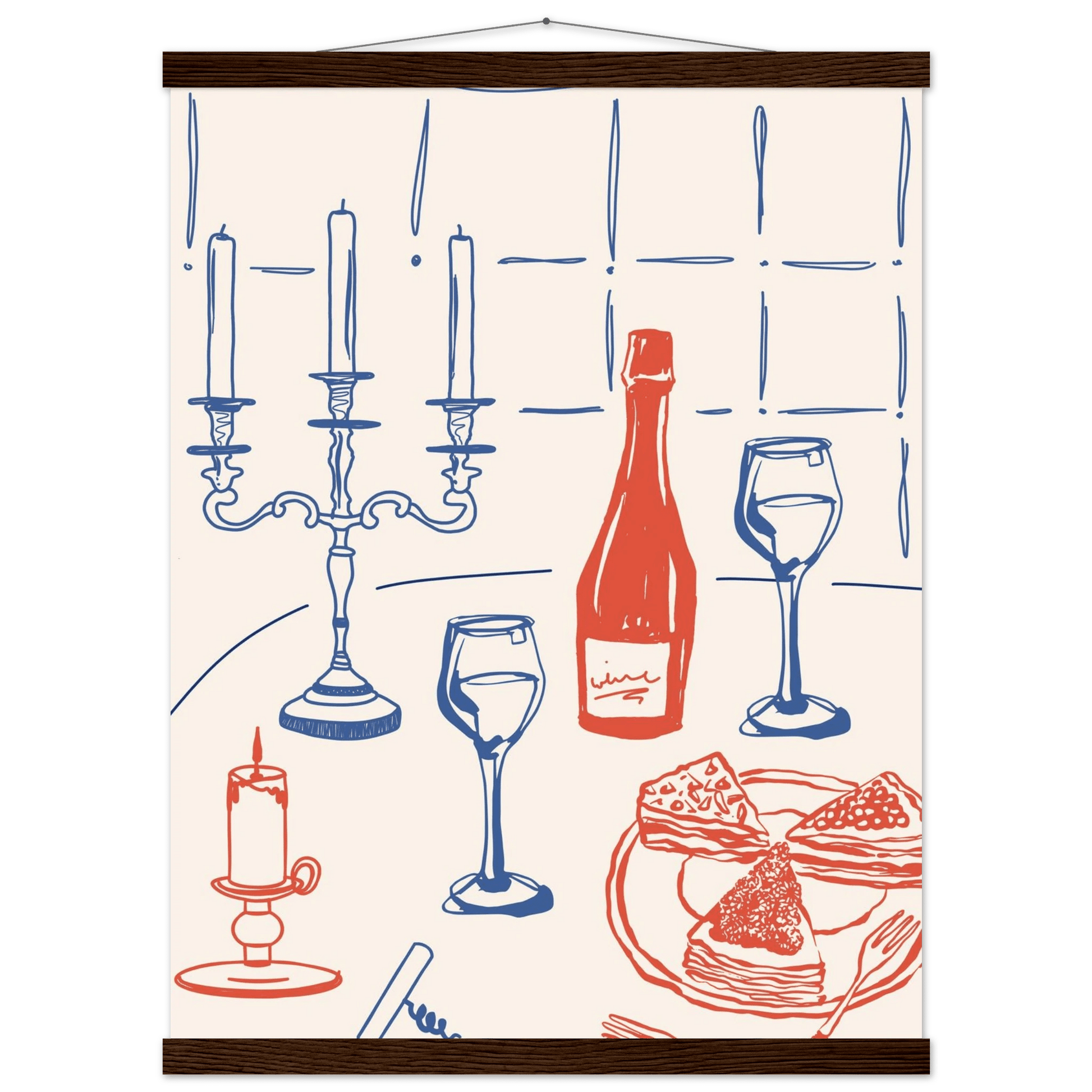 Candlelight Dinner Print | Wine & Candelabra Line Art Wall Art | Kitchen Poster - Evergreen Posters
