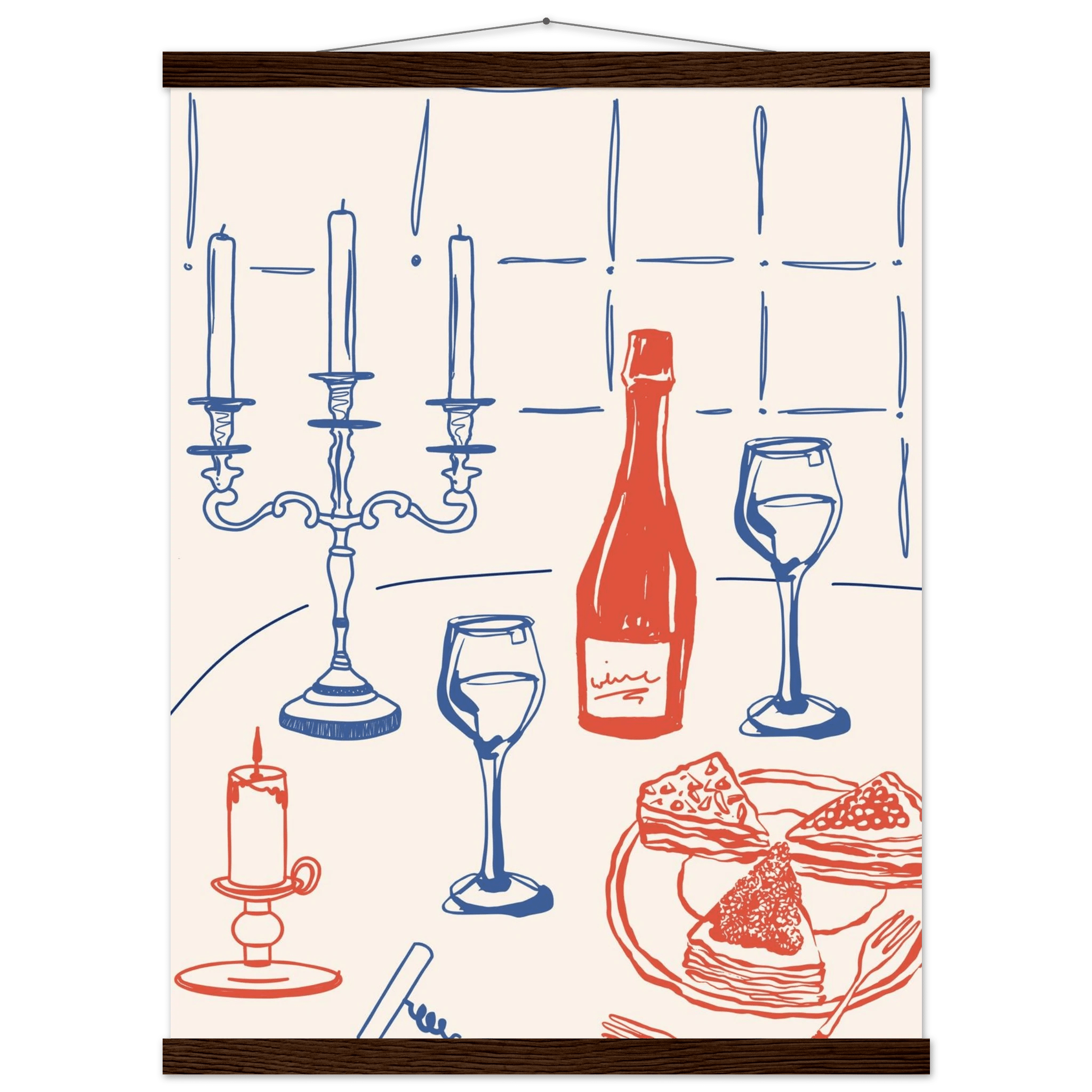 Candlelight Dinner Print | Wine & Candelabra Line Art Wall Art | Kitchen Poster - Evergreen Posters