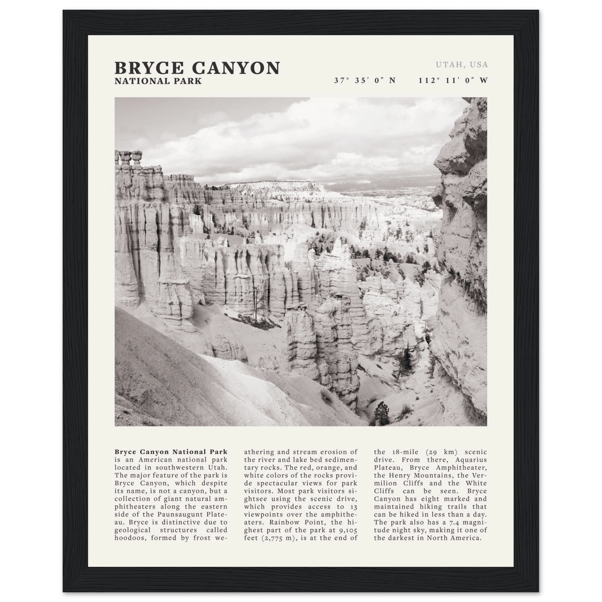 Bryce Canyon National Park Poster | Black & White Utah Hoodoos Wall Art Print - Evergreen Posters - 12