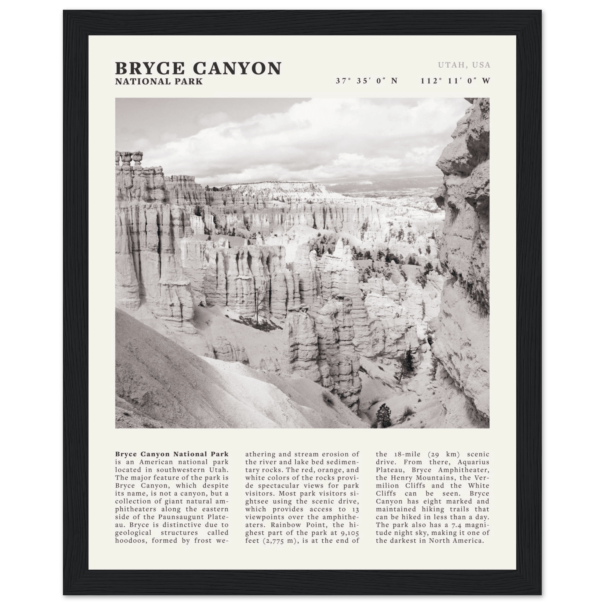 Bryce Canyon National Park Poster | Black & White Utah Hoodoos Wall Art Print - Evergreen Posters - 12