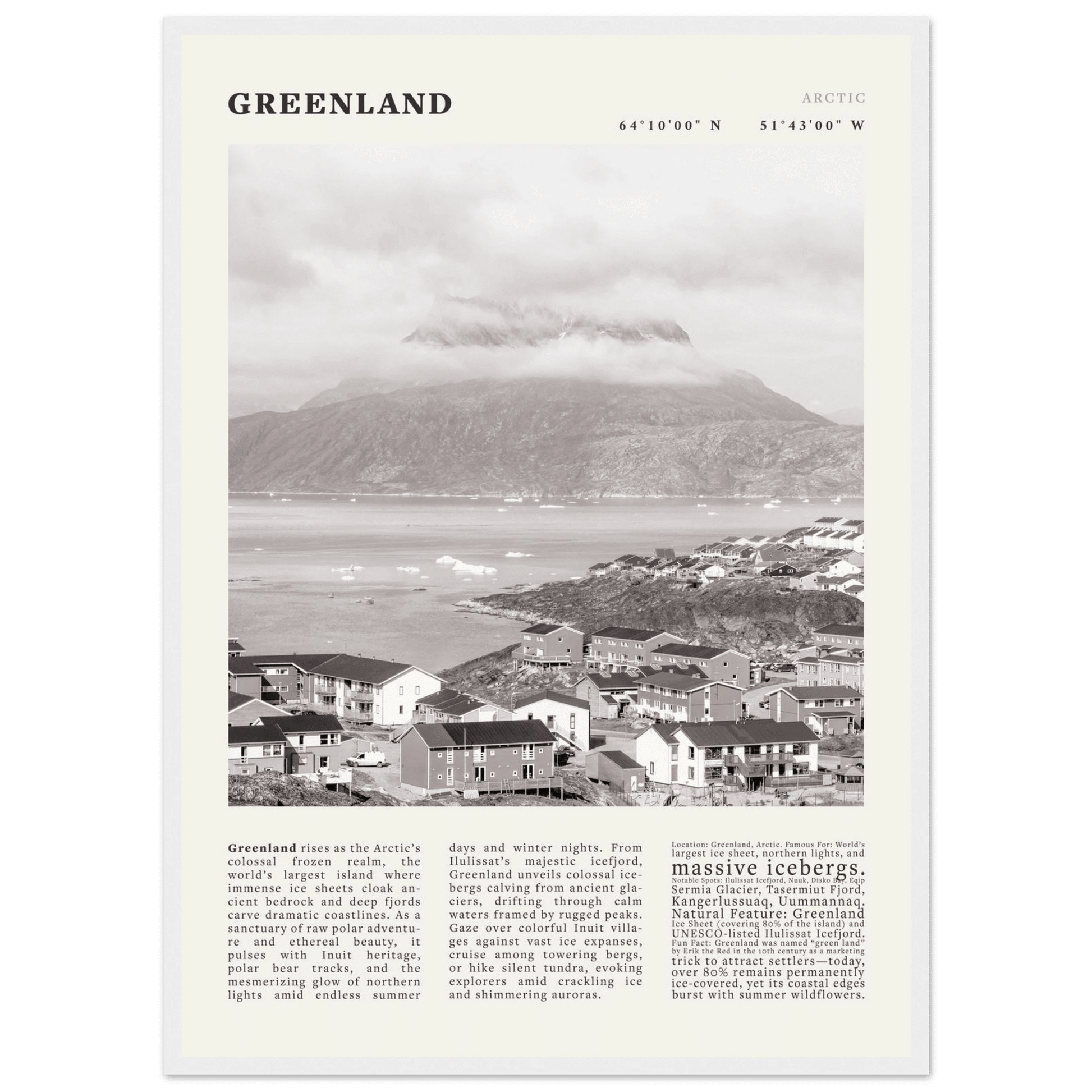 Greenland Poster Black and White – Vintage Arctic Fjord Landscape Print (Digital & Printed Options) - Evergreen Posters