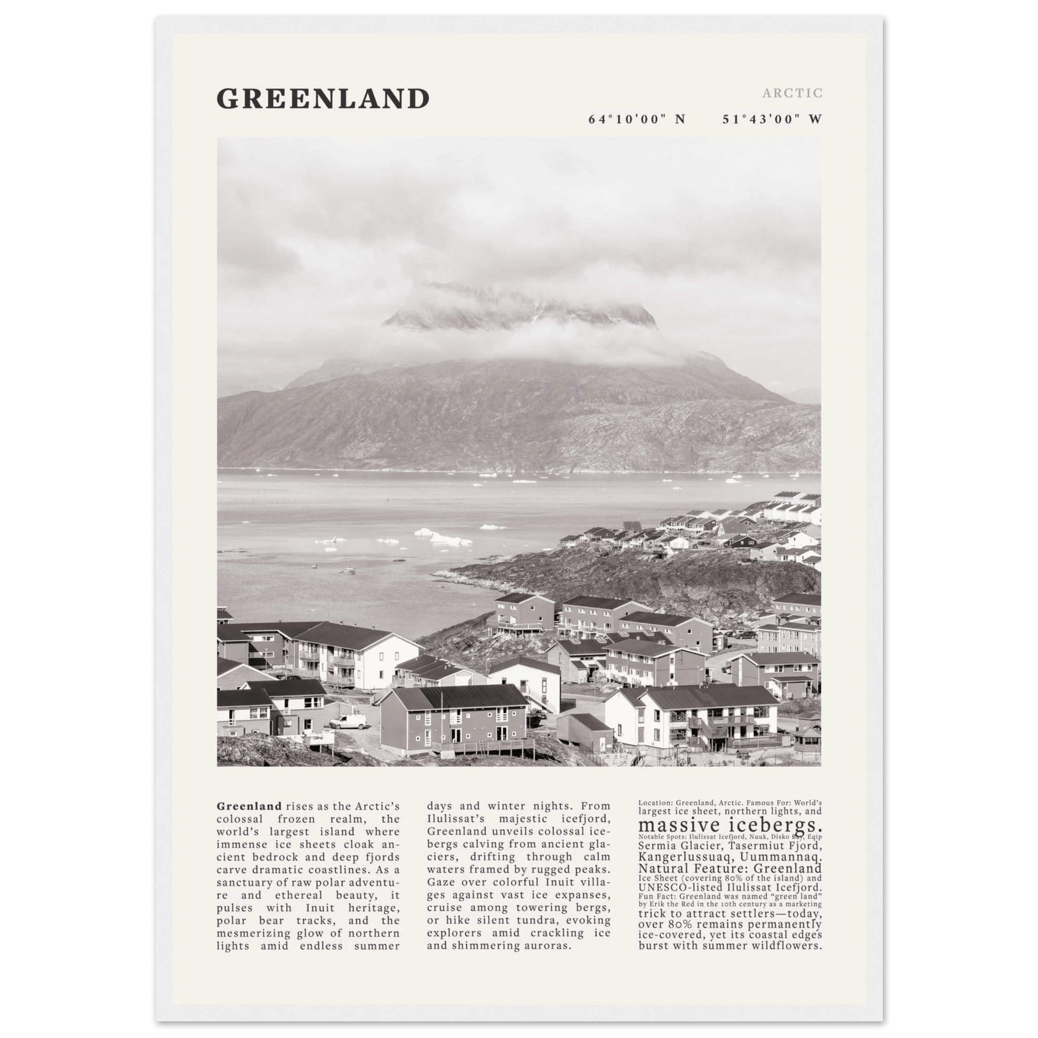 Greenland Poster Black and White – Vintage Arctic Fjord Landscape Print (Digital & Printed Options) - Evergreen Posters