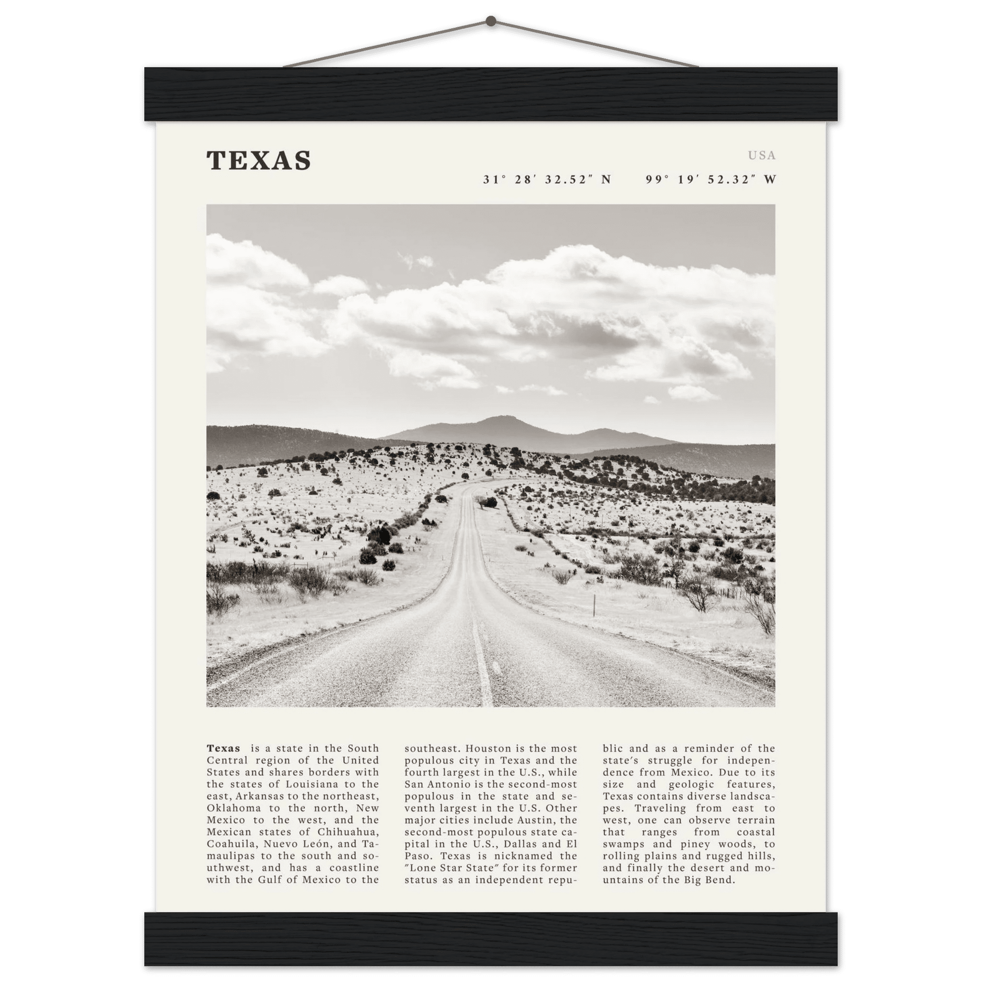 Texas Poster | Black & White Lone Star Road Wall Art | USA Travel Print Decor - Evergreen Posters