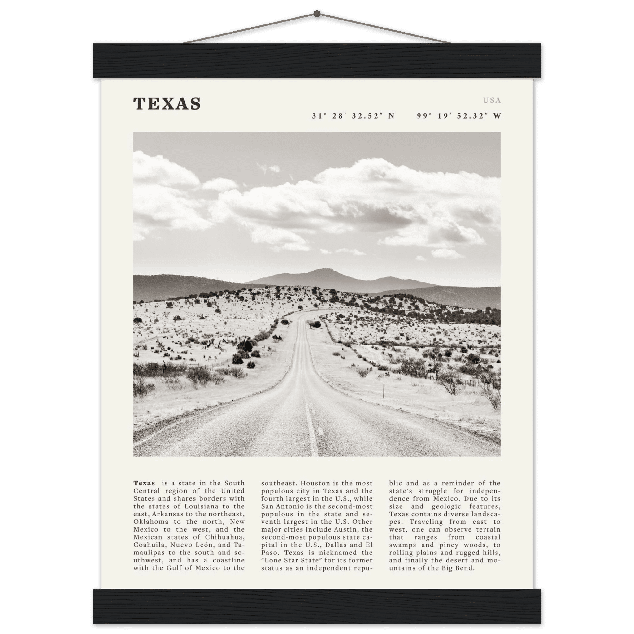 Texas Poster | Black & White Lone Star Road Wall Art | USA Travel Print Decor - Evergreen Posters