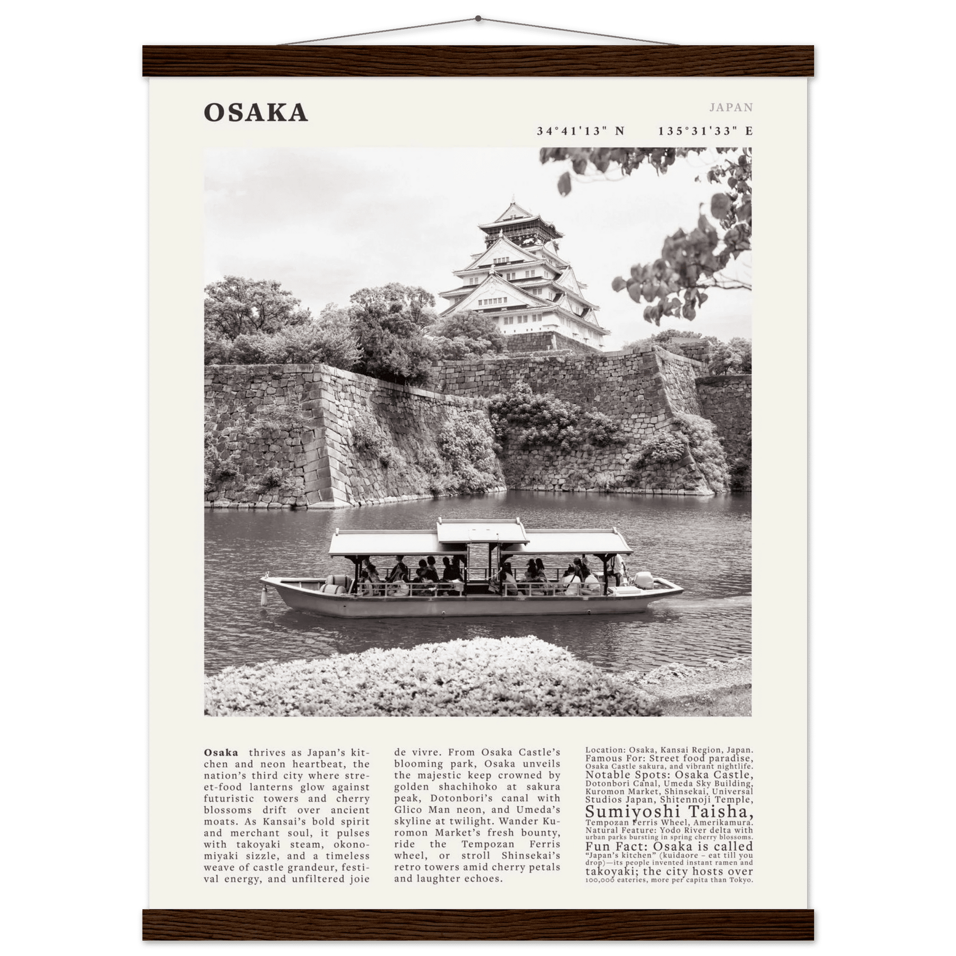 Osaka Poster Black and White – Vintage Osaka Castle Cherry Blossom Print (Digital & Printed Options) - Evergreen Posters