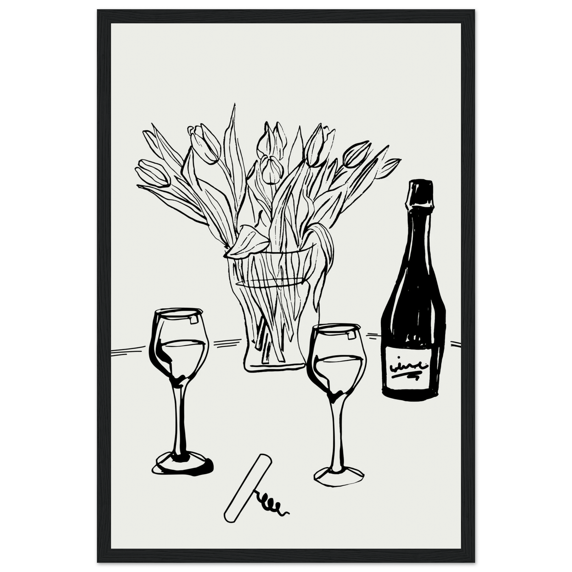 Wine & Tulips Print | Black Line Art Wine Bottle Wall Art | Minimalist Kitchen Poster - Evergreen Posters
