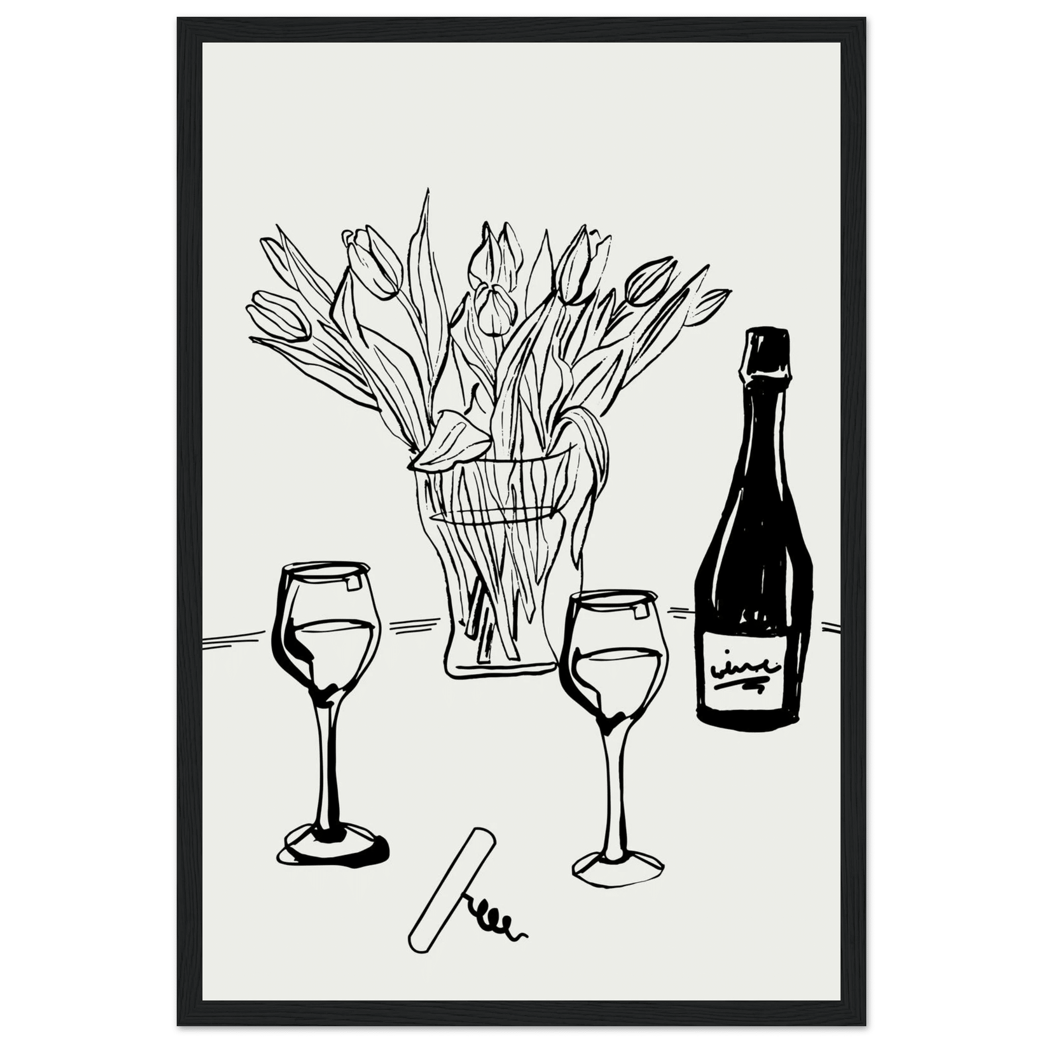 Wine & Tulips Print | Black Line Art Wine Bottle Wall Art | Minimalist Kitchen Poster - Evergreen Posters