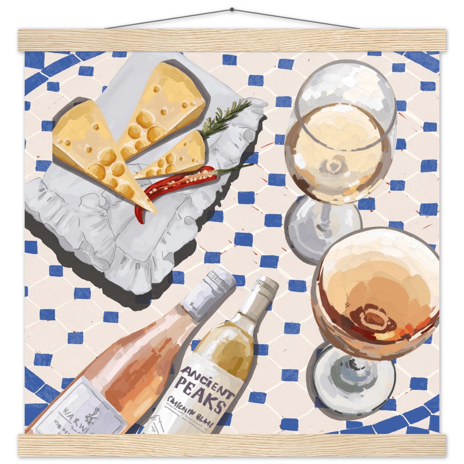 Wine & Cheese Poster | Food Wall Art | Blue Tile Square Kitchen Print - Evergreen Posters - 17