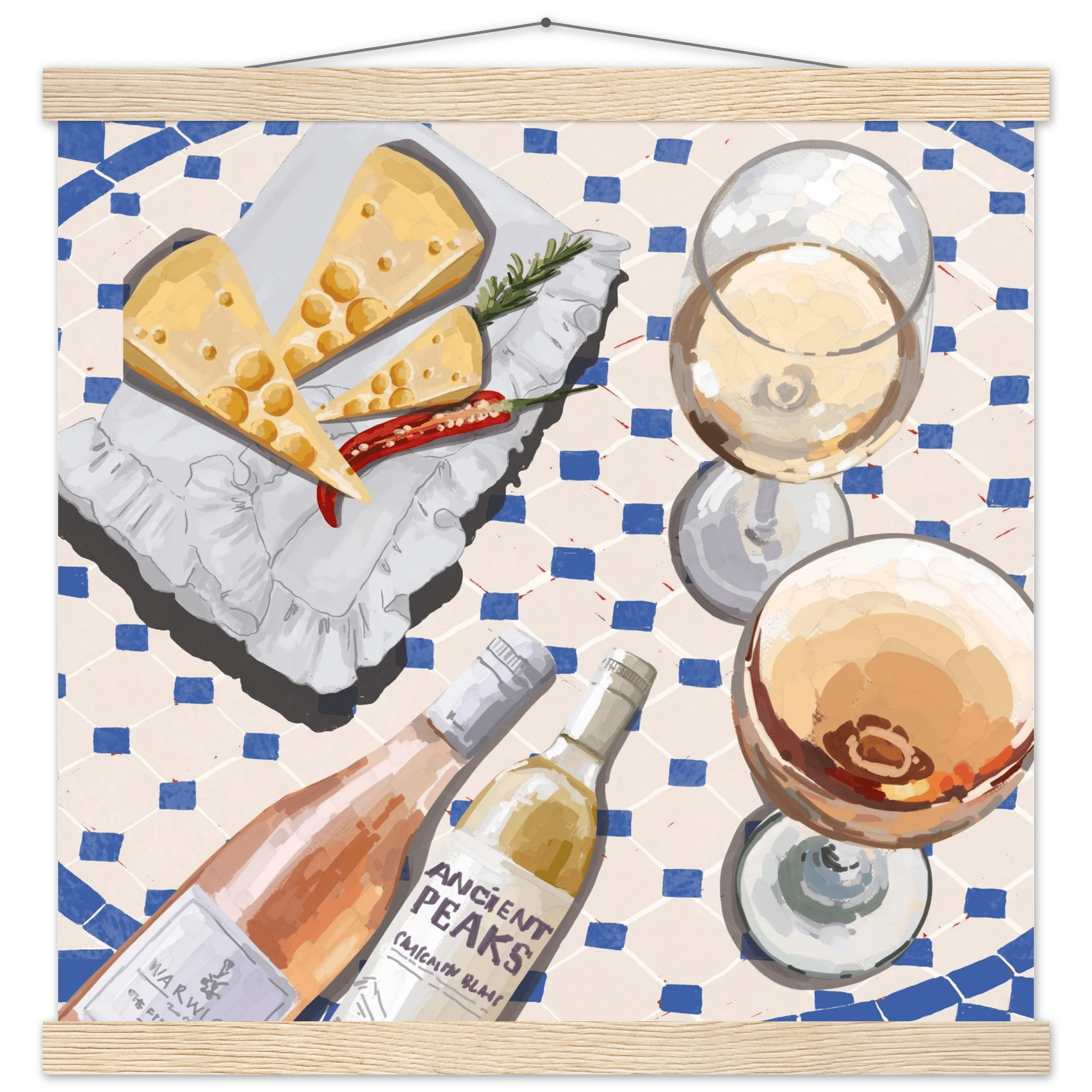 Wine & Cheese Poster | Food Wall Art | Blue Tile Square Kitchen Print - Evergreen Posters - 17