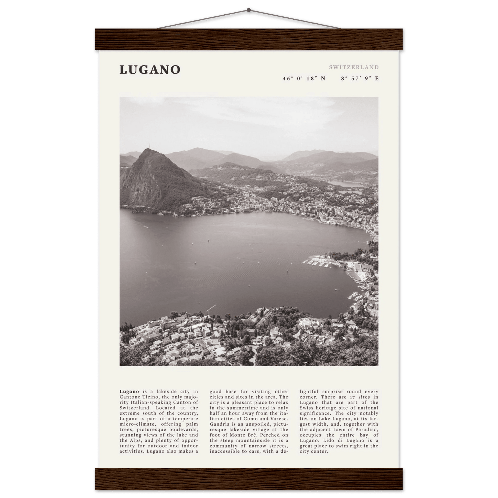 Lugano Poster | Black & White Swiss Lake Wall Art | Switzerland Travel Print - Evergreen Posters