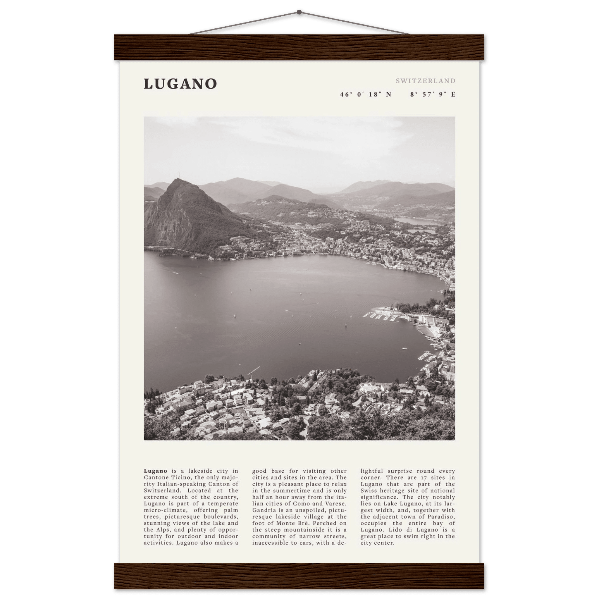 Lugano Poster | Black & White Swiss Lake Wall Art | Switzerland Travel Print - Evergreen Posters
