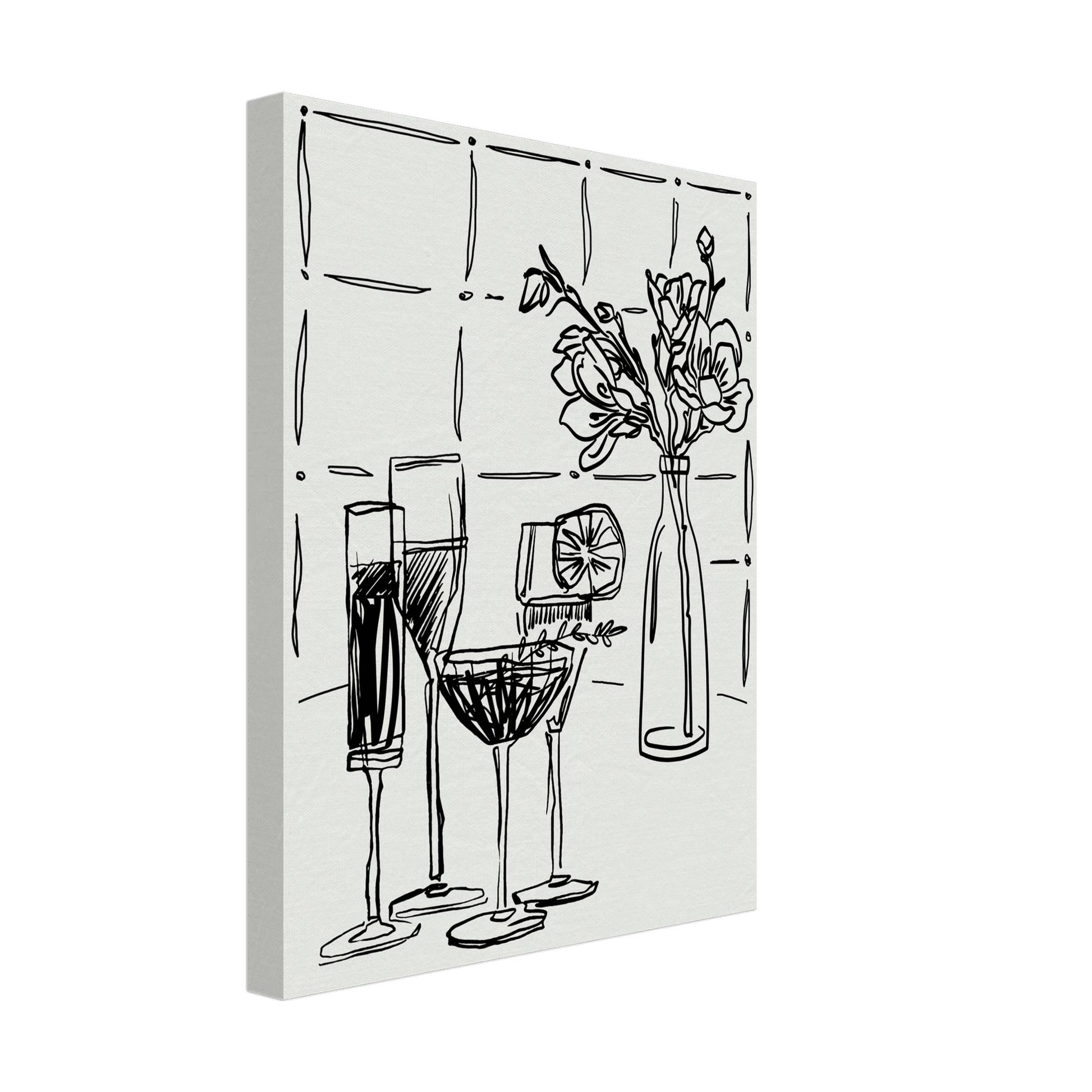 Cocktails & Flowers Print | Black Line Art Drinks Wall Art | Kitchen Bar Poster - Evergreen Posters