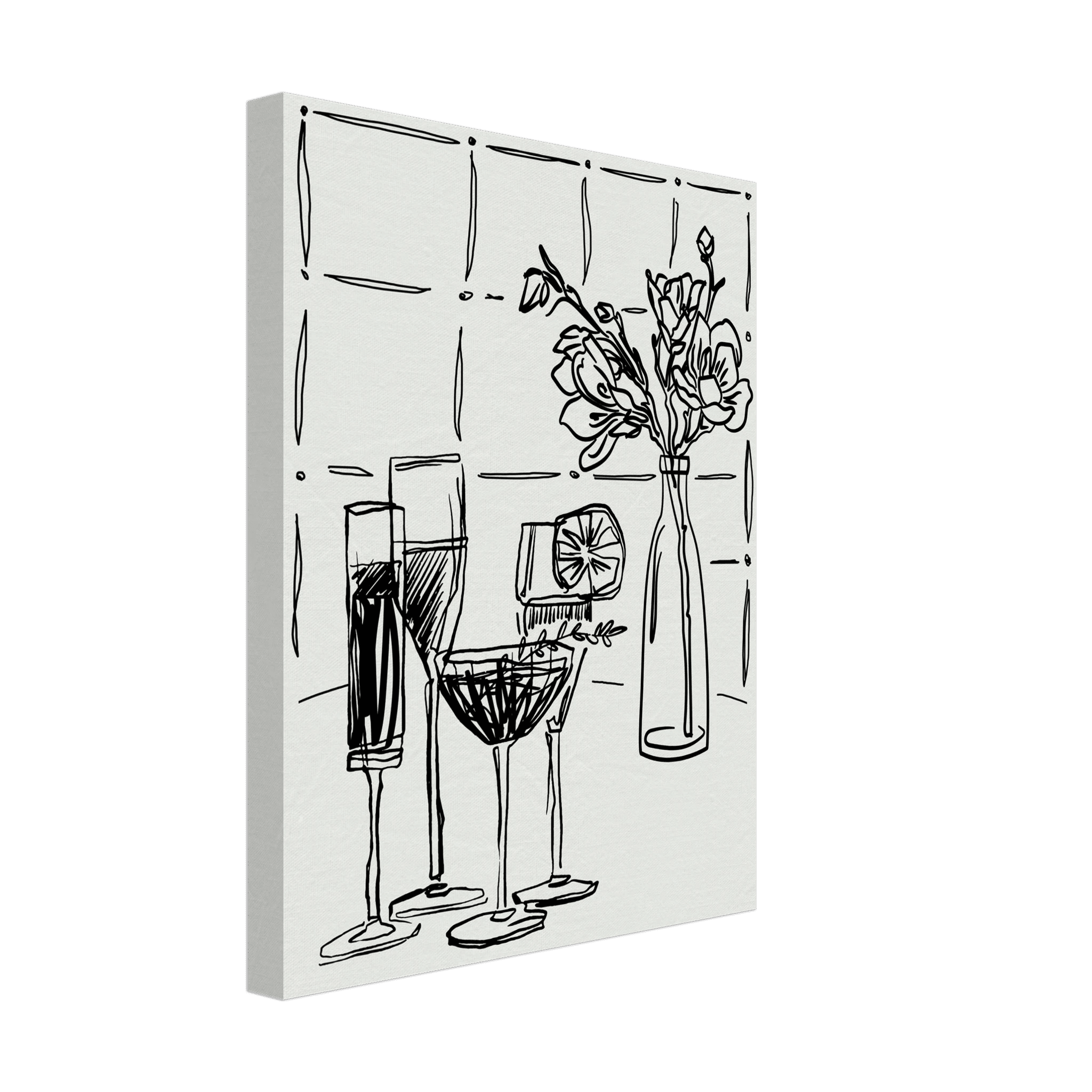 Cocktails & Flowers Print | Black Line Art Drinks Wall Art | Kitchen Bar Poster - Evergreen Posters