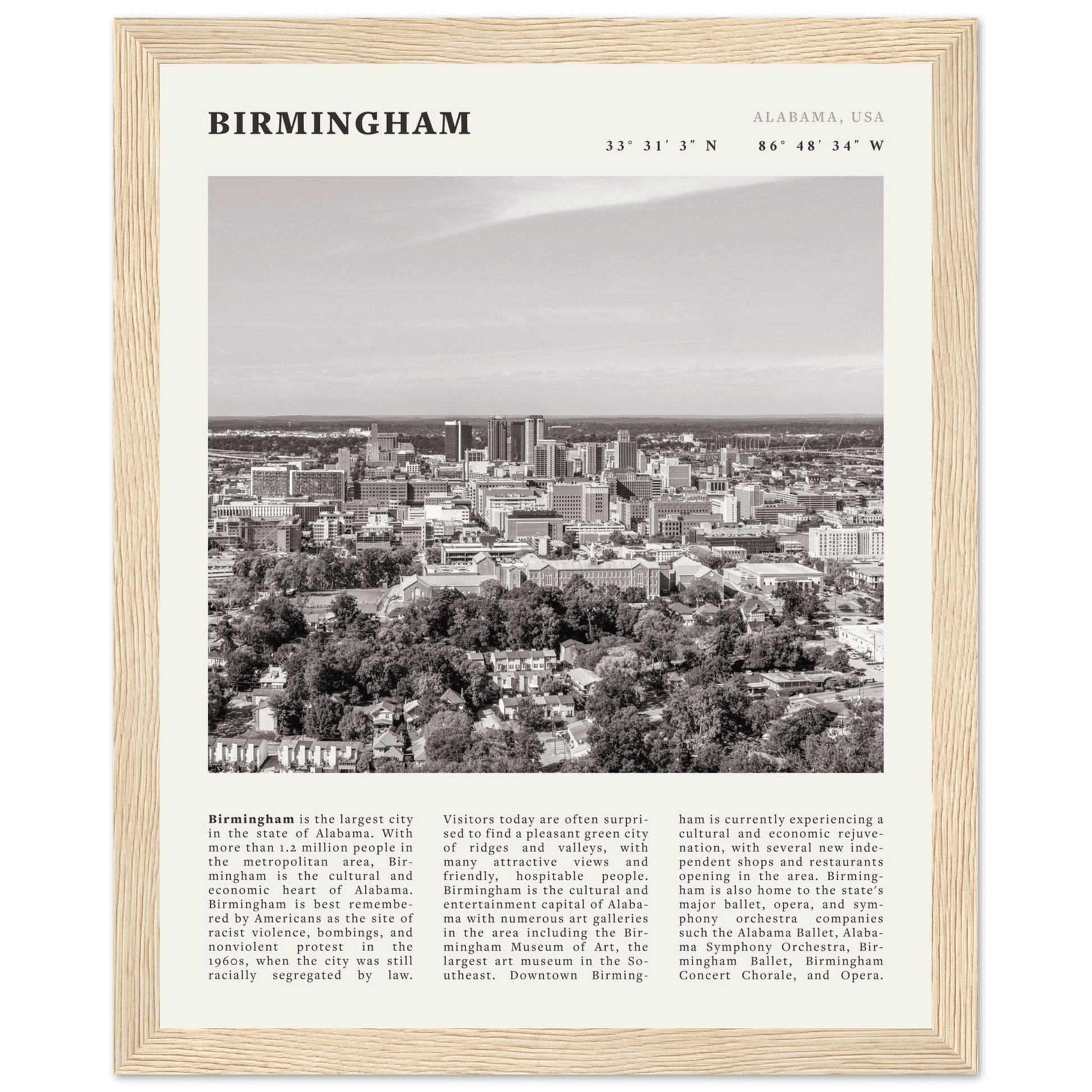 Birmingham Poster | Black & White Alabama Skyline Wall Art | AL Travel Print - Evergreen Posters