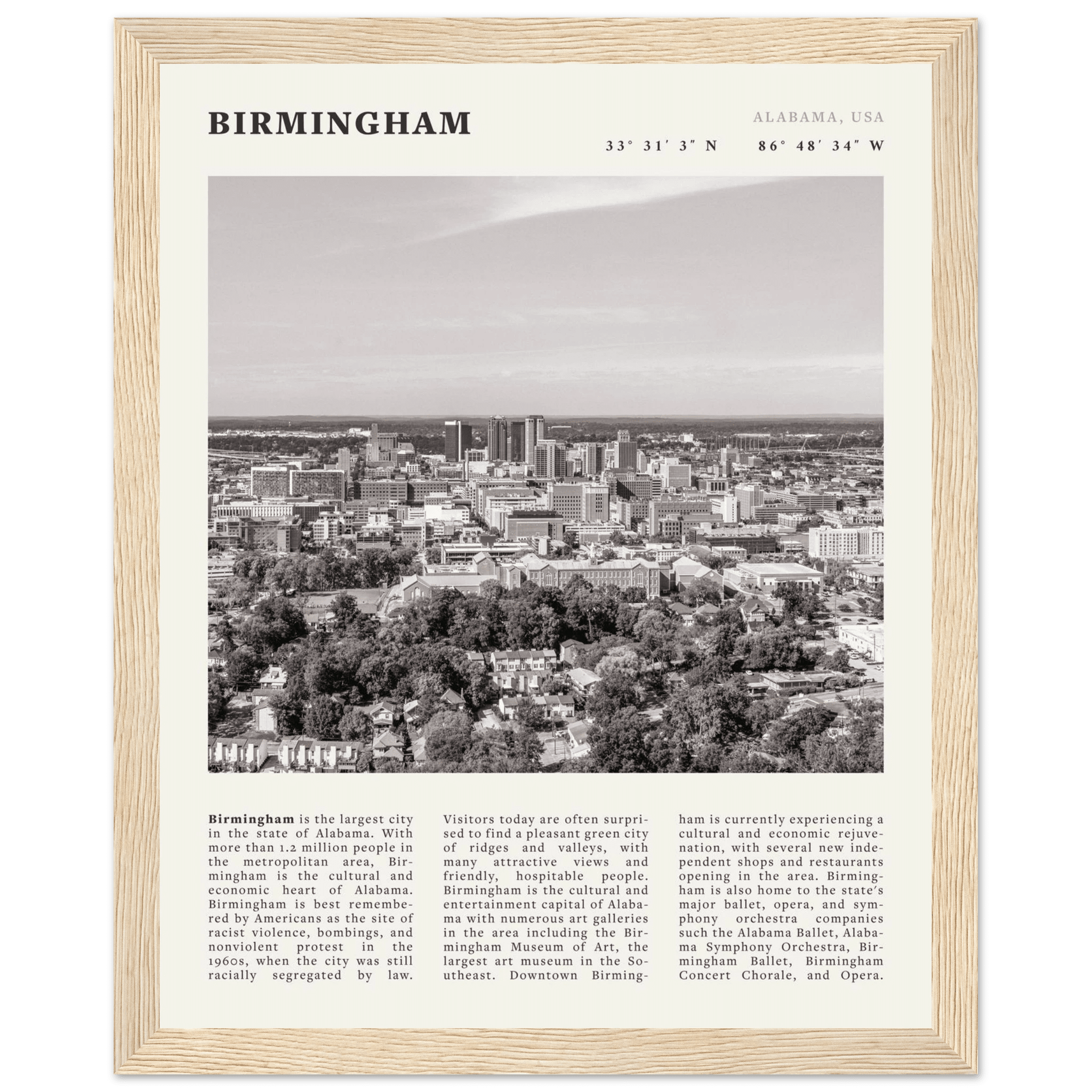 Birmingham Poster | Black & White Alabama Skyline Wall Art | AL Travel Print - Evergreen Posters
