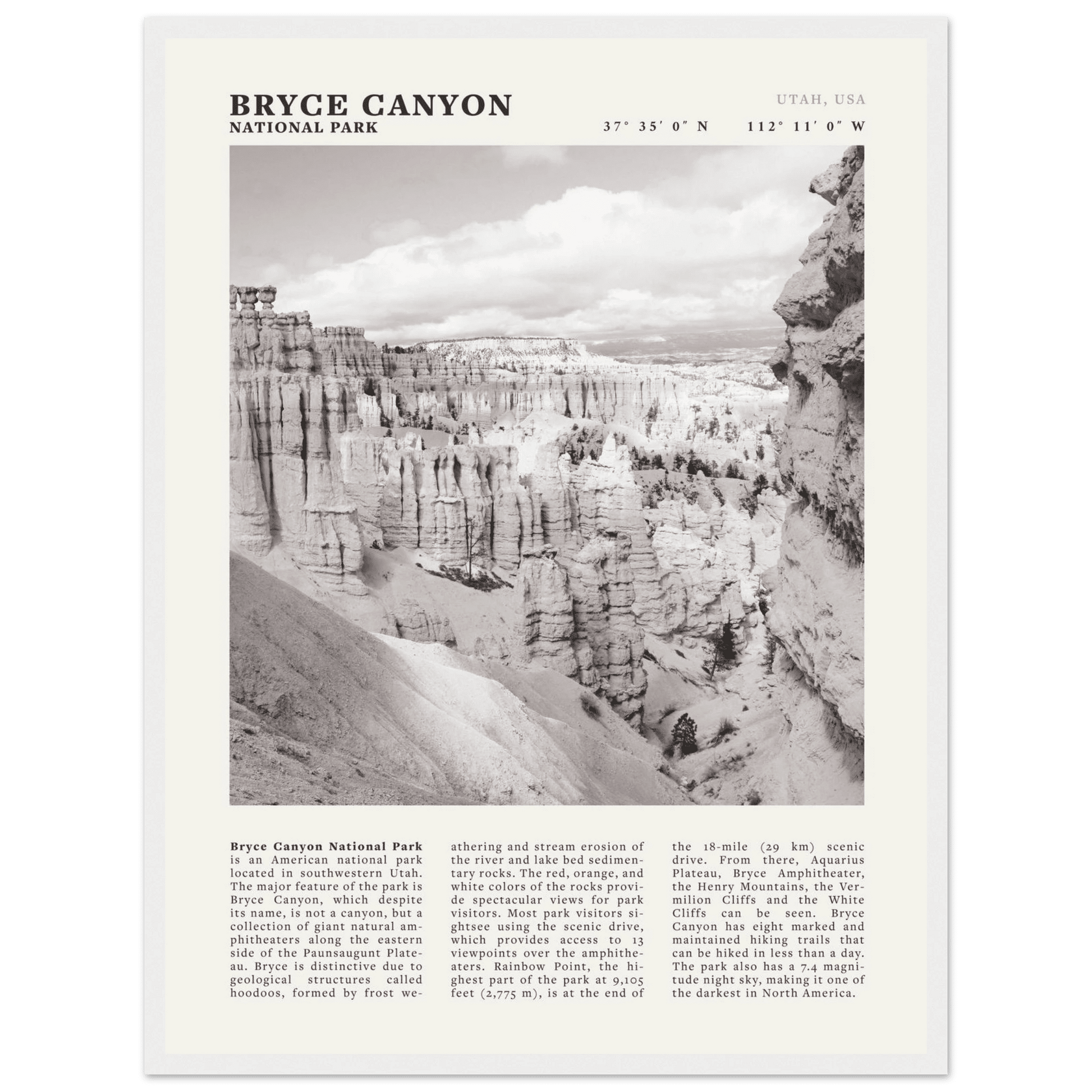 Bryce Canyon National Park Poster | Black & White Utah Hoodoos Wall Art Print - Evergreen Posters - 33