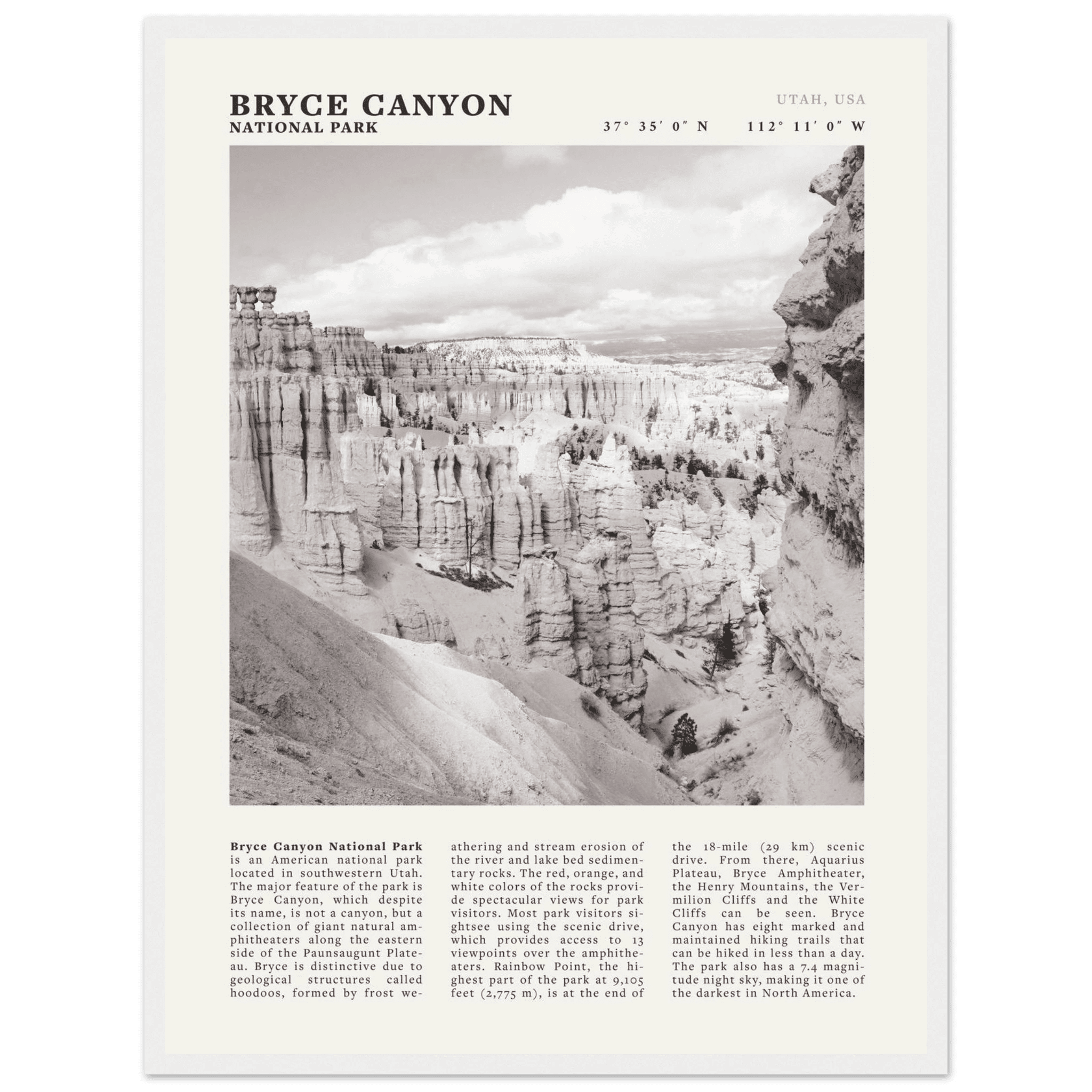 Bryce Canyon National Park Poster | Black & White Utah Hoodoos Wall Art Print - Evergreen Posters - 33