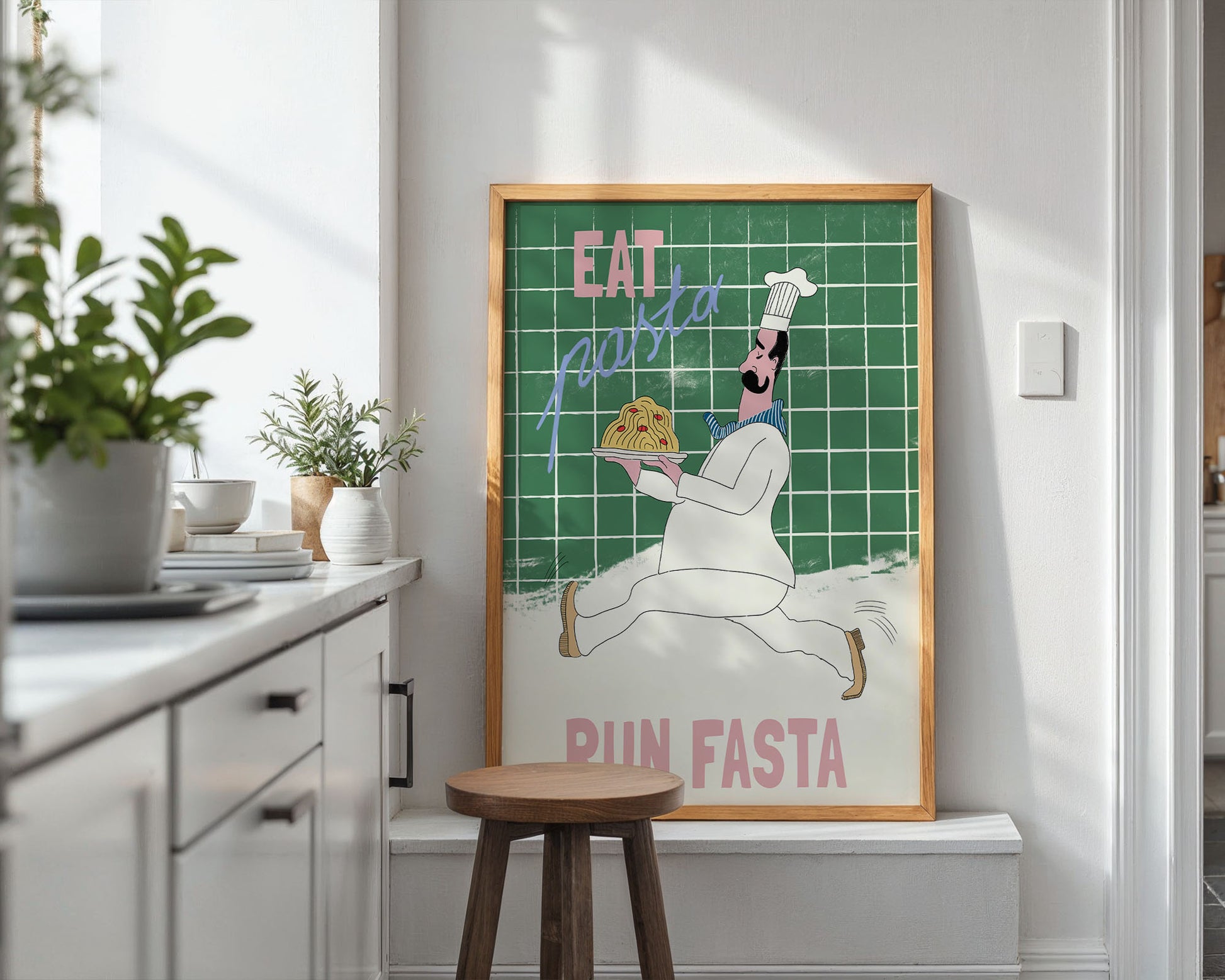 Eat Pasta Run Fasta Poster – Playful Kitchen Wall Art Print (Green Edition) - Evergreen Posters