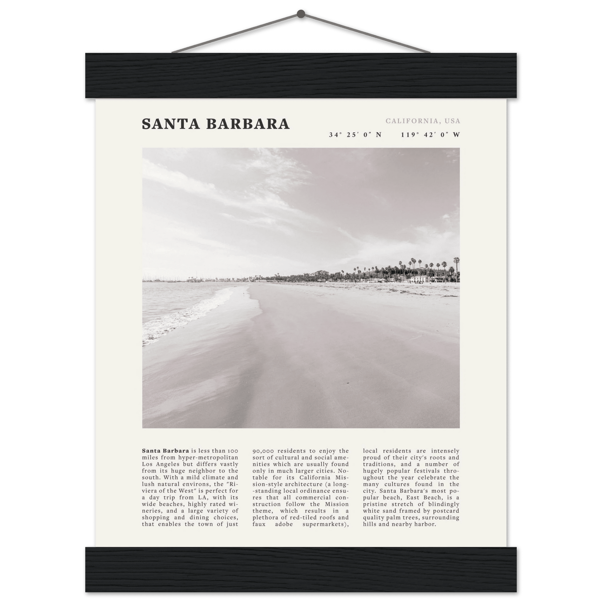 Santa Barbara Poster | Black & White California Beach Wall Art | CA Travel Print - Evergreen Posters