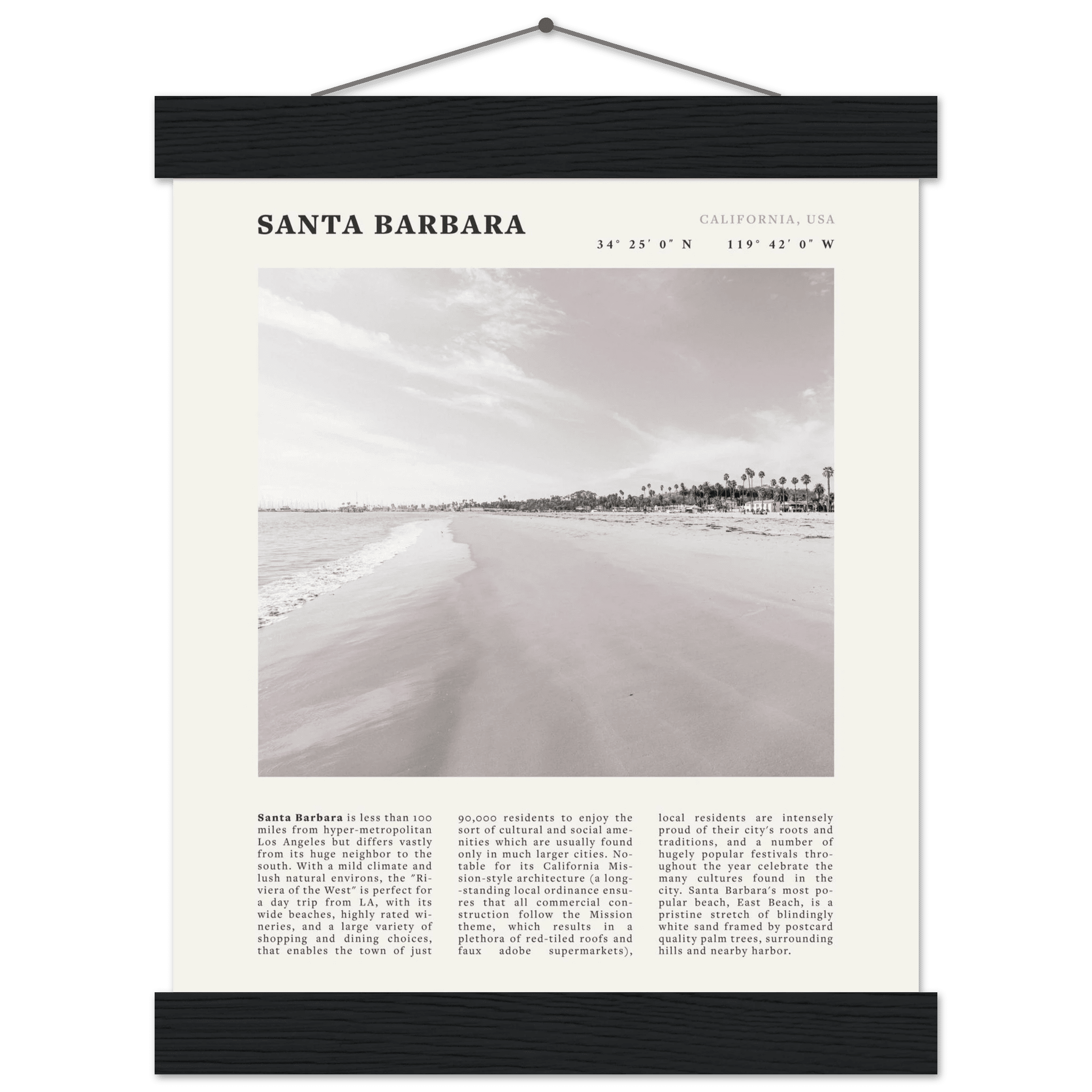 Santa Barbara Poster | Black & White California Beach Wall Art | CA Travel Print - Evergreen Posters