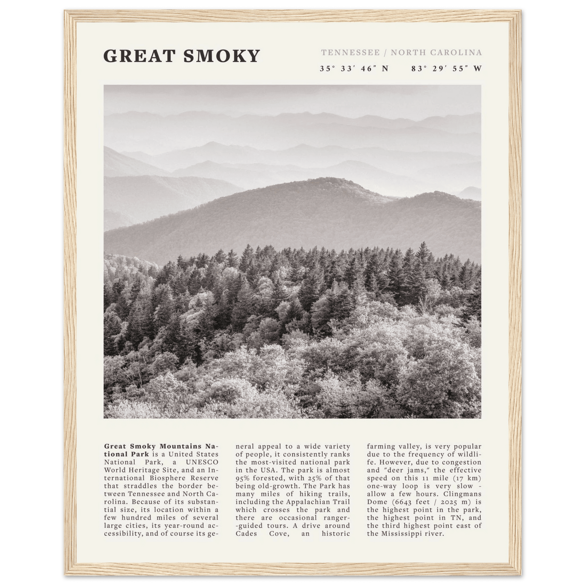 Great Smoky Mountains Poster | Black & White National Park Wall Art | Tennessee Print - Evergreen Posters