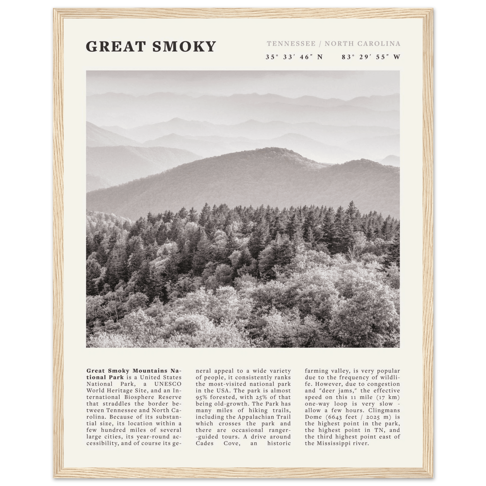 Great Smoky Mountains Poster | Black & White National Park Wall Art | Tennessee Print - Evergreen Posters