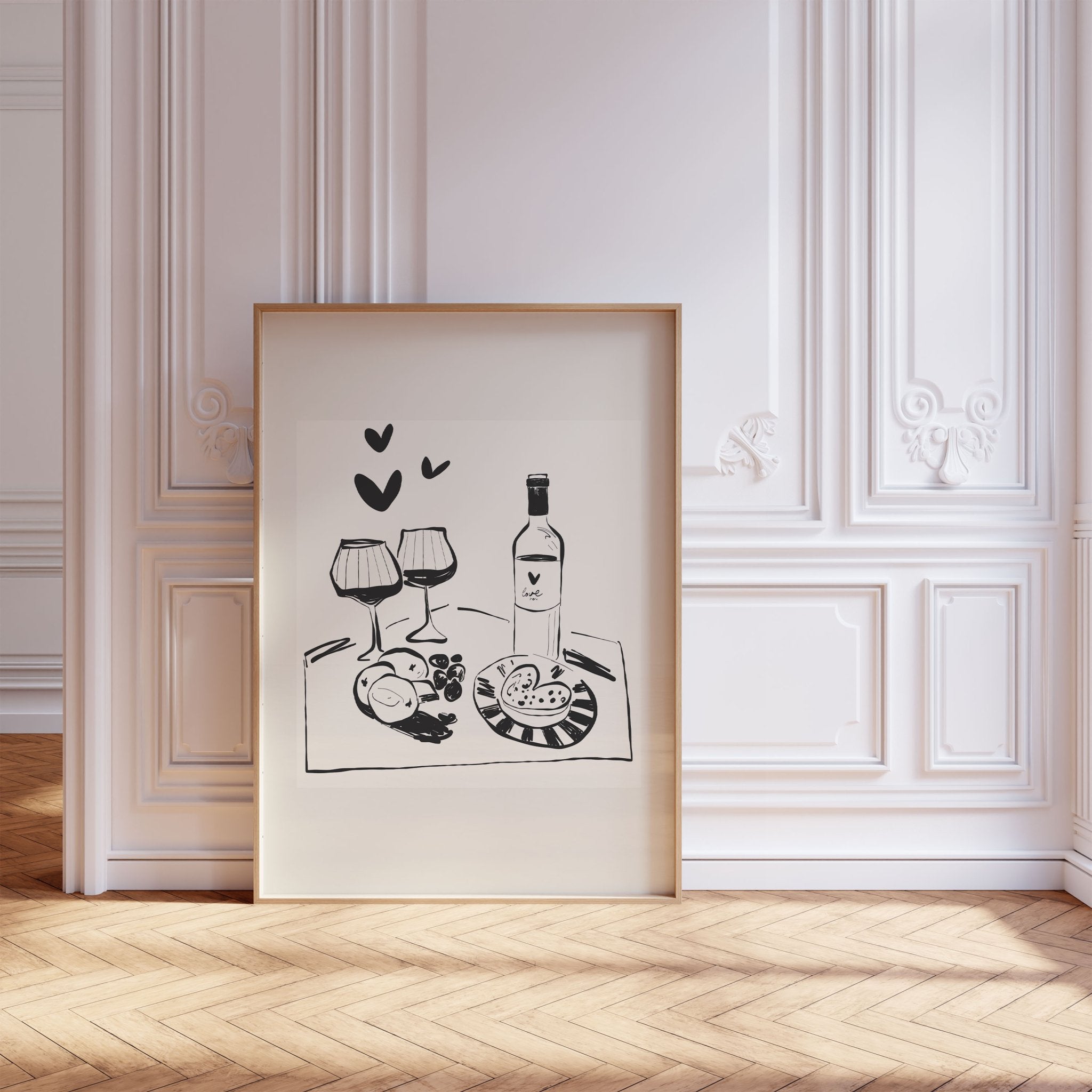 Wine for Two Print | Black Line Art Romantic Kitchen Wall Art | Couples Poster - Evergreen Posters