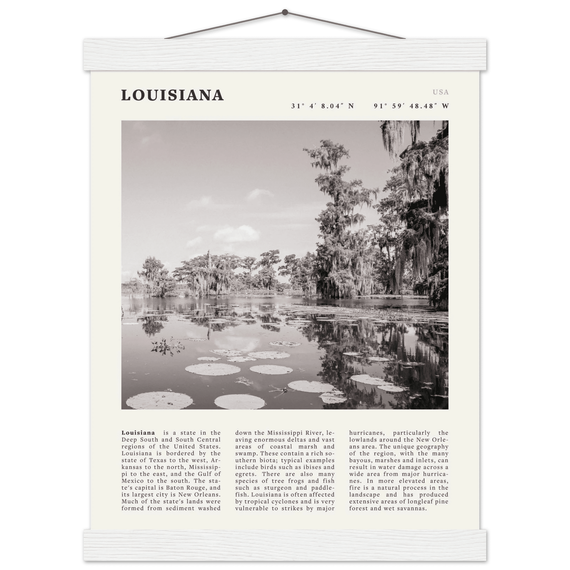 Louisiana Poster | Black & White Bayou Wall Art | Southern USA Travel Print Decor - Evergreen Posters