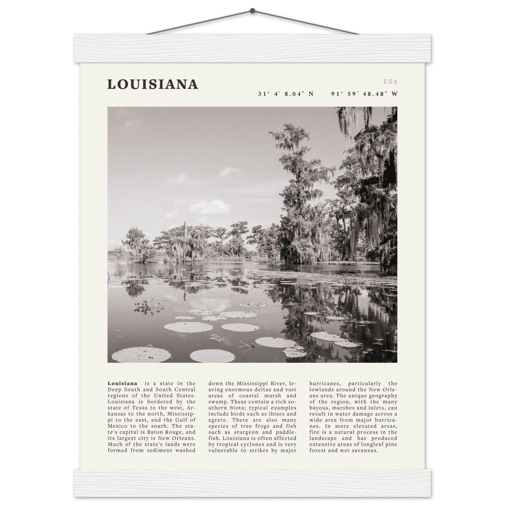 Louisiana Poster | Black & White Bayou Wall Art | Southern USA Travel Print Decor - Evergreen Posters