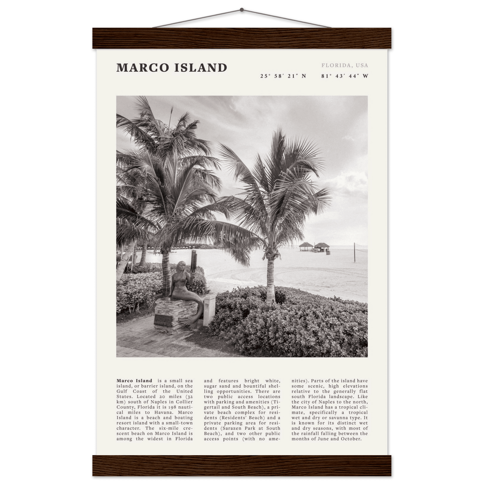 Marco Island Poster | Black & White Florida Beach Wall Art | Coastal Travel Print - Evergreen Posters