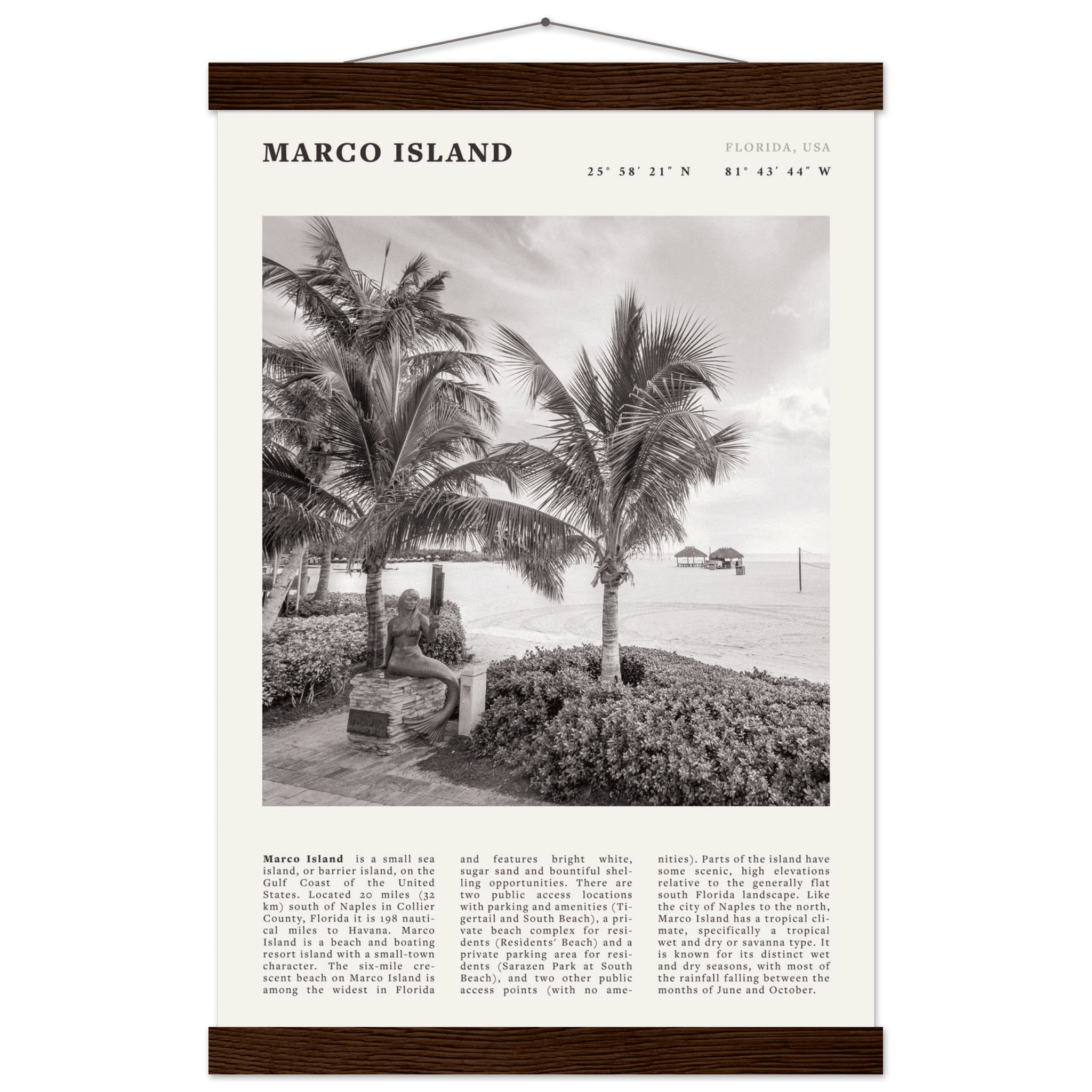 Marco Island Poster | Black & White Florida Beach Wall Art | Coastal Travel Print - Evergreen Posters
