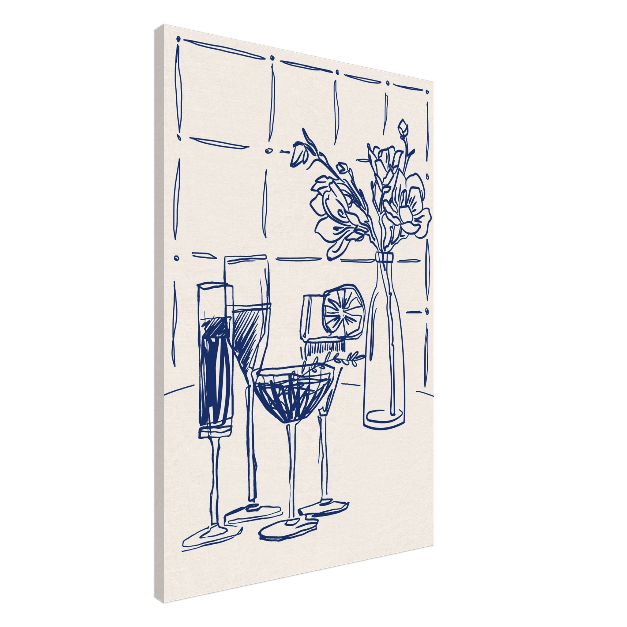Cocktails & Flowers Print | Navy Blue Line Art Drinks Wall Art | Kitchen Bar Poster - Evergreen Posters