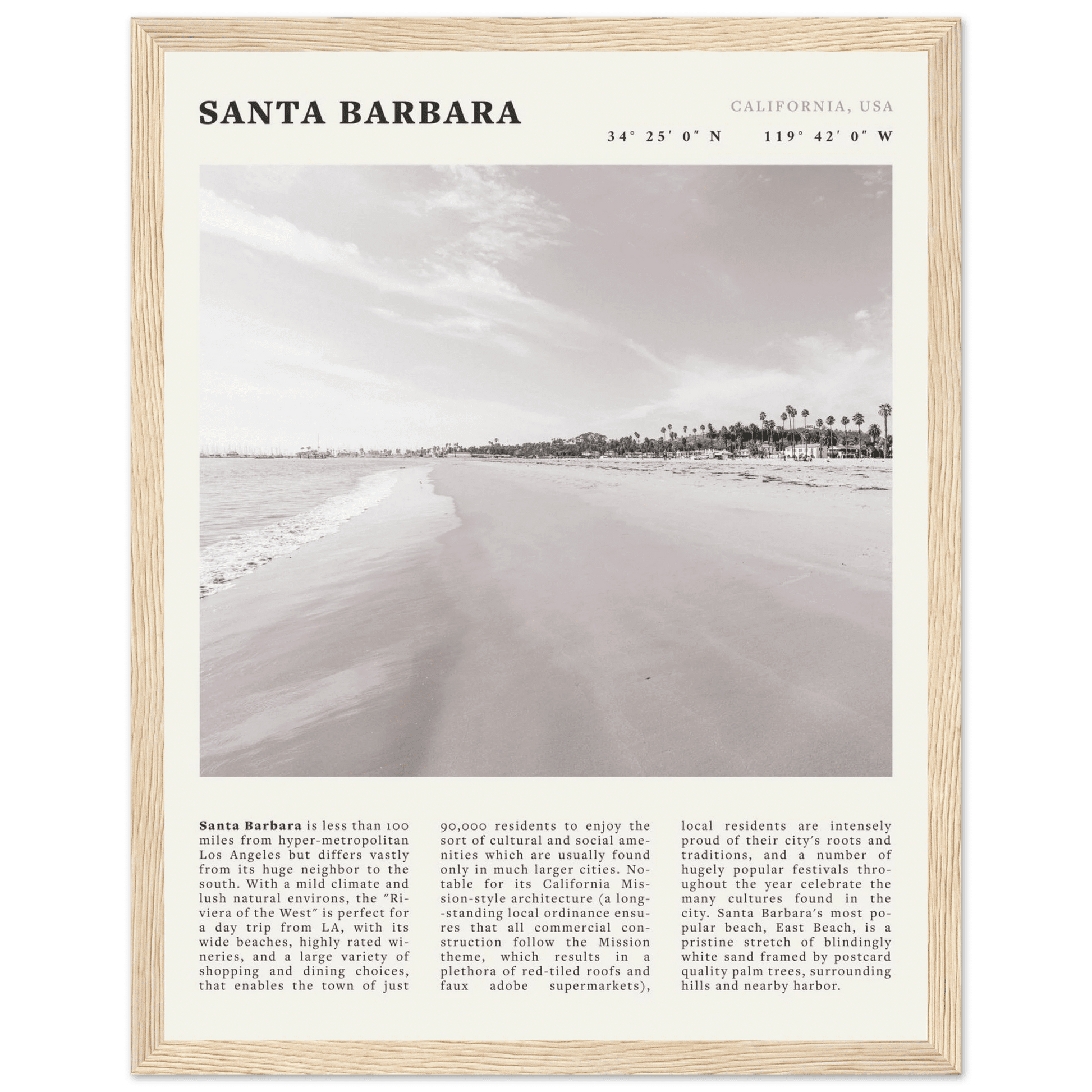 Santa Barbara Poster | Black & White California Beach Wall Art | CA Travel Print - Evergreen Posters