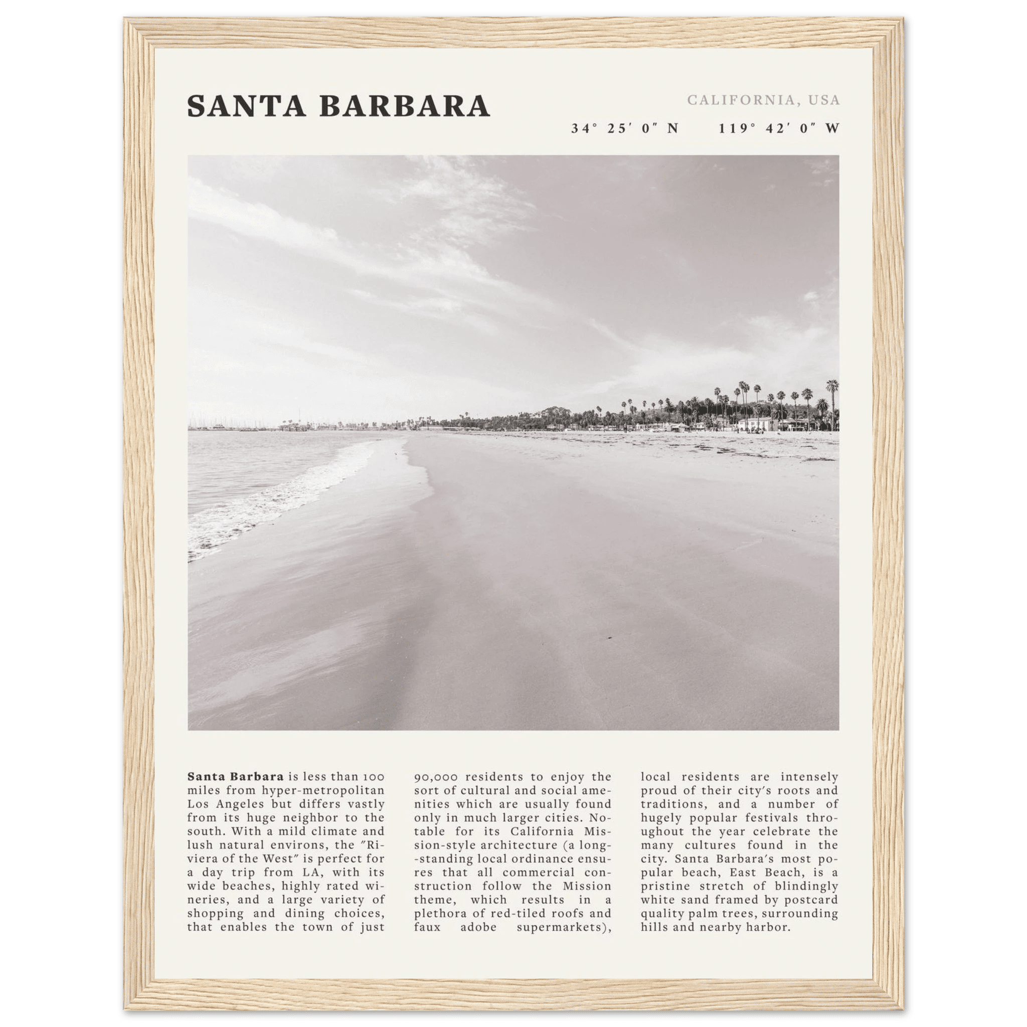 Santa Barbara Poster | Black & White California Beach Wall Art | CA Travel Print - Evergreen Posters