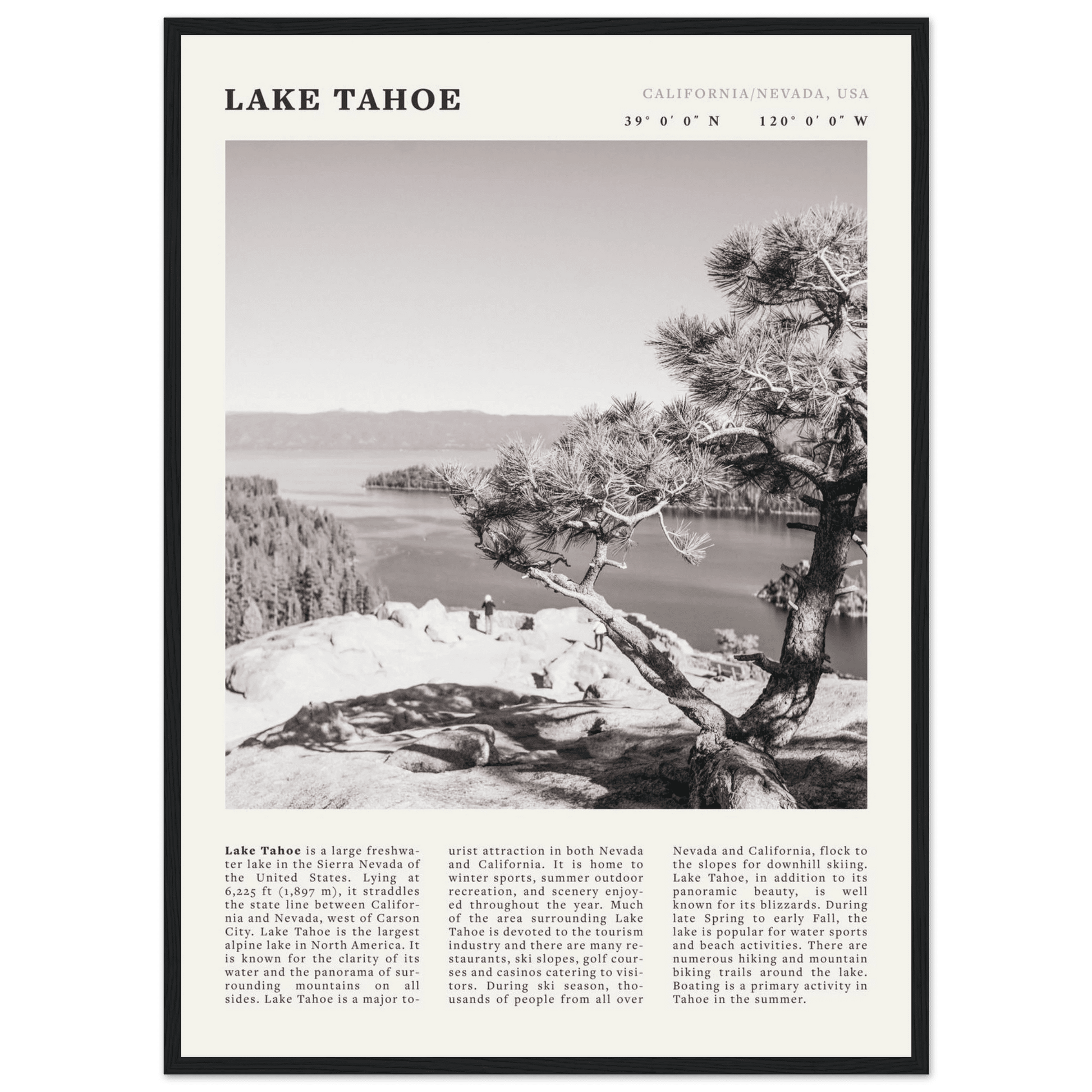 Lake Tahoe Poster | Black & White California Nevada Wall Art | Nature Travel Print Decor - Evergreen Posters