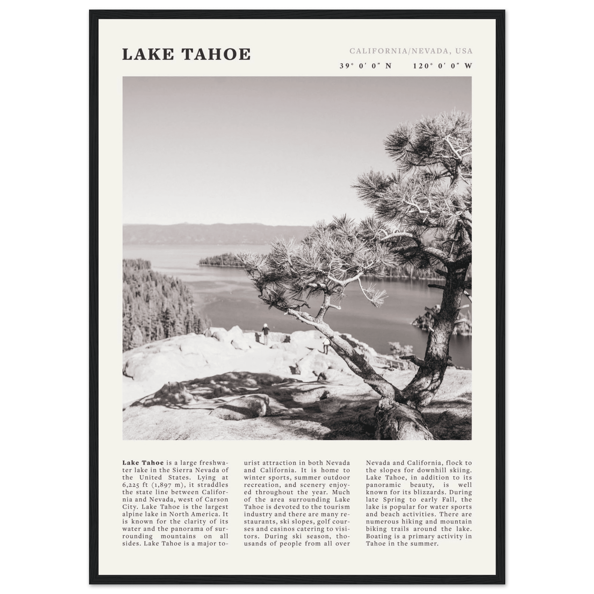 Lake Tahoe Poster | Black & White California Nevada Wall Art | Nature Travel Print Decor - Evergreen Posters