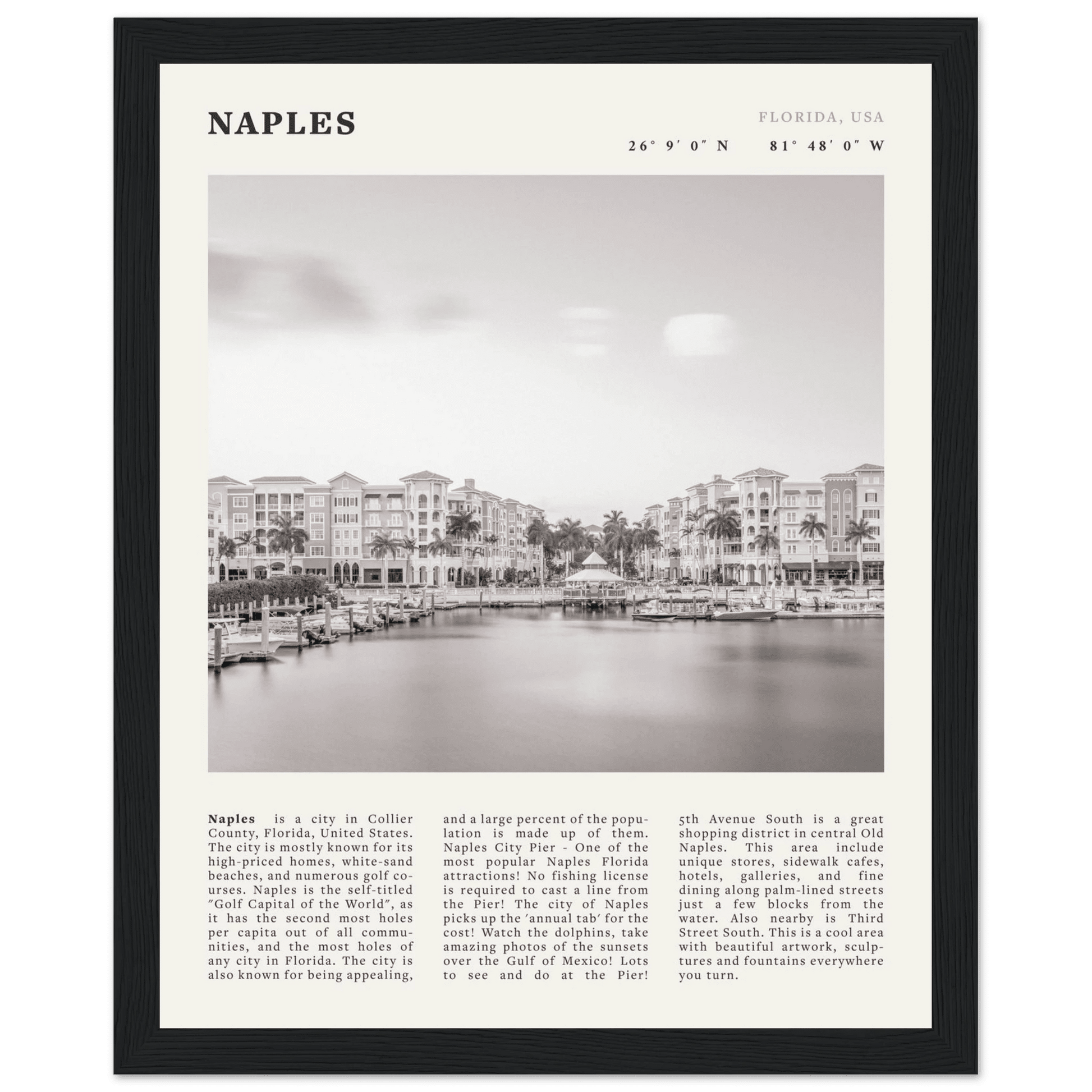 Naples Florida Poster | Black & White Gulf Coast Wall Art | FL Travel Print - Evergreen Posters