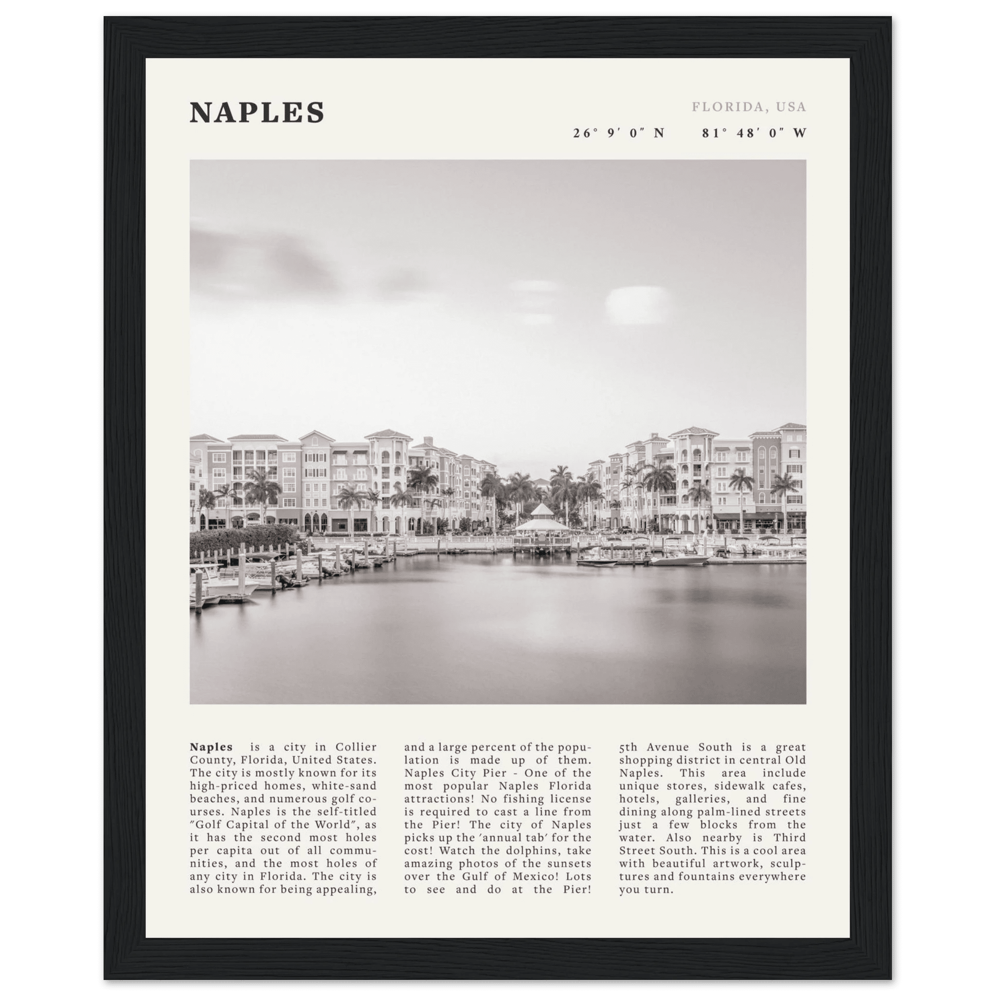 Naples Florida Poster | Black & White Gulf Coast Wall Art | FL Travel Print - Evergreen Posters