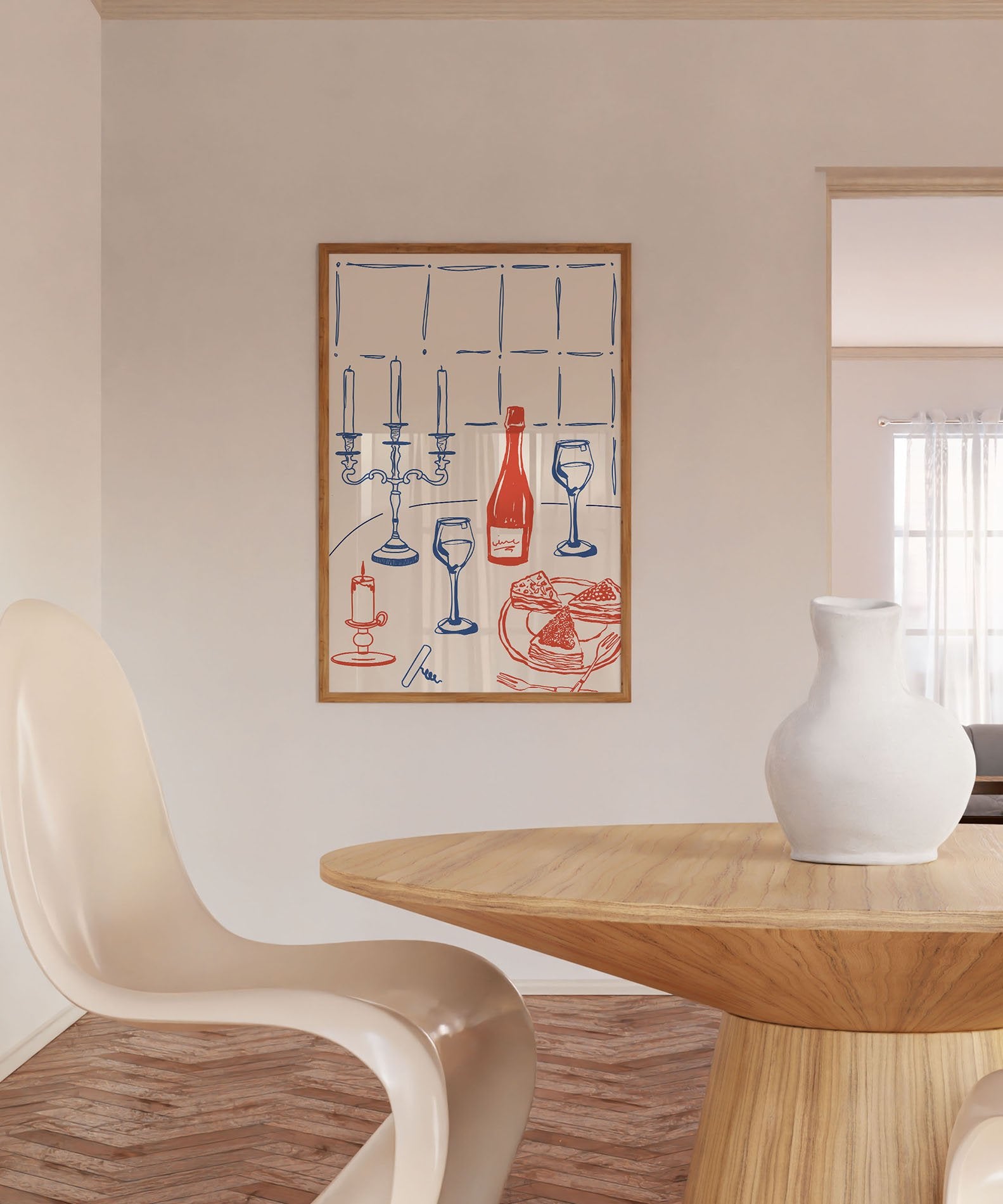 Candlelight Dinner Print | Wine & Candelabra Line Art Wall Art | Kitchen Poster - Evergreen Posters