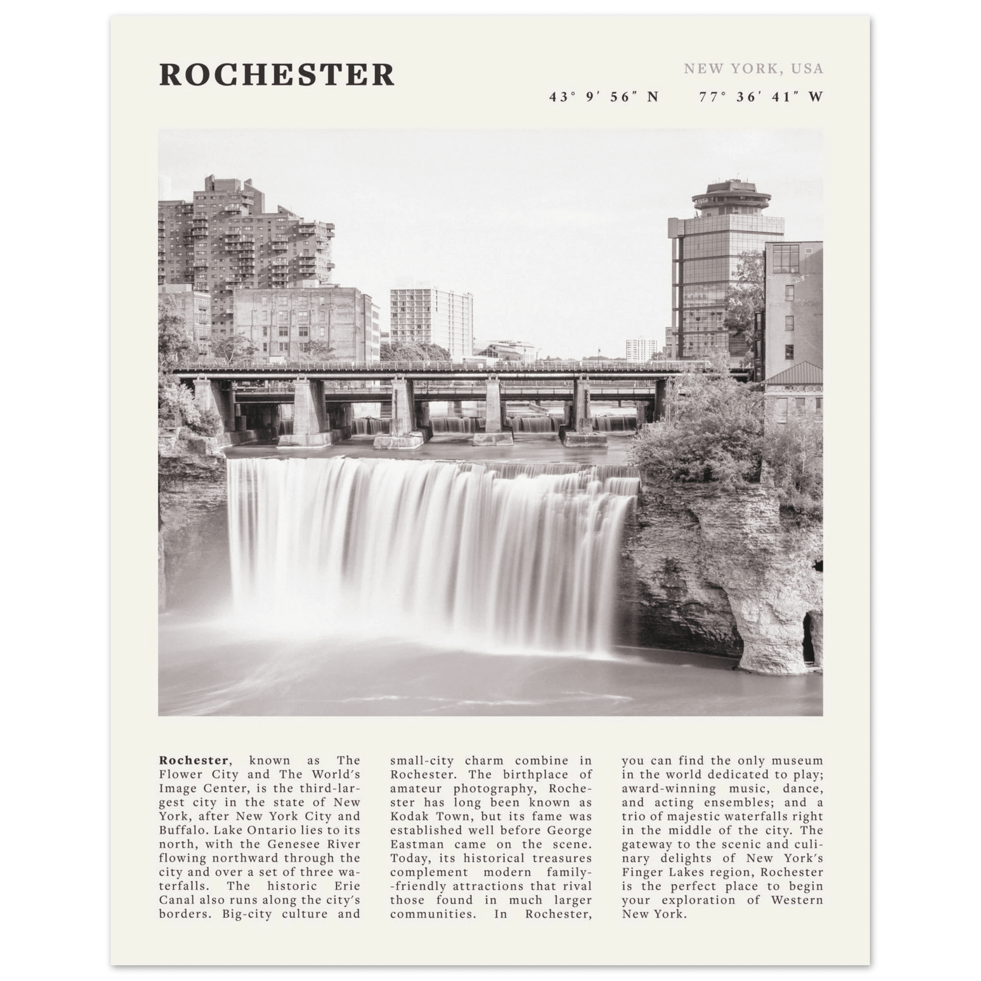 Rochester Poster | Black & White High Falls Wall Art | New York Travel Print - Evergreen Posters