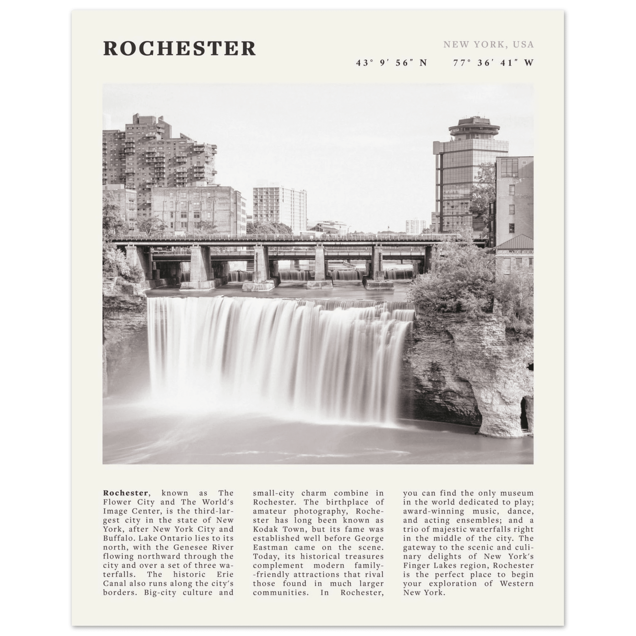 Rochester Poster | Black & White High Falls Wall Art | New York Travel Print - Evergreen Posters