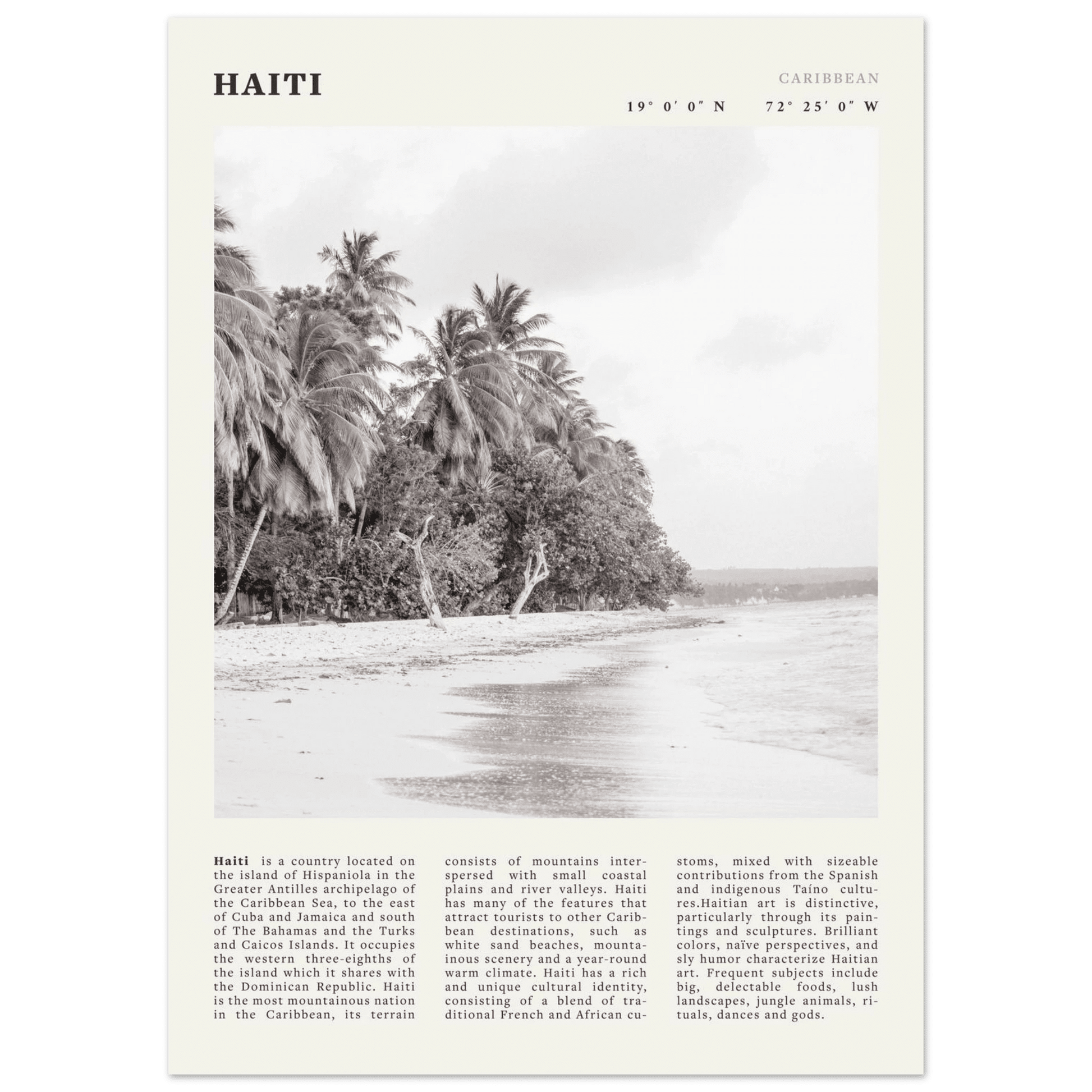 Haiti Poster | Black & White Caribbean Beach Wall Art | Tropical Travel Print - Evergreen Posters