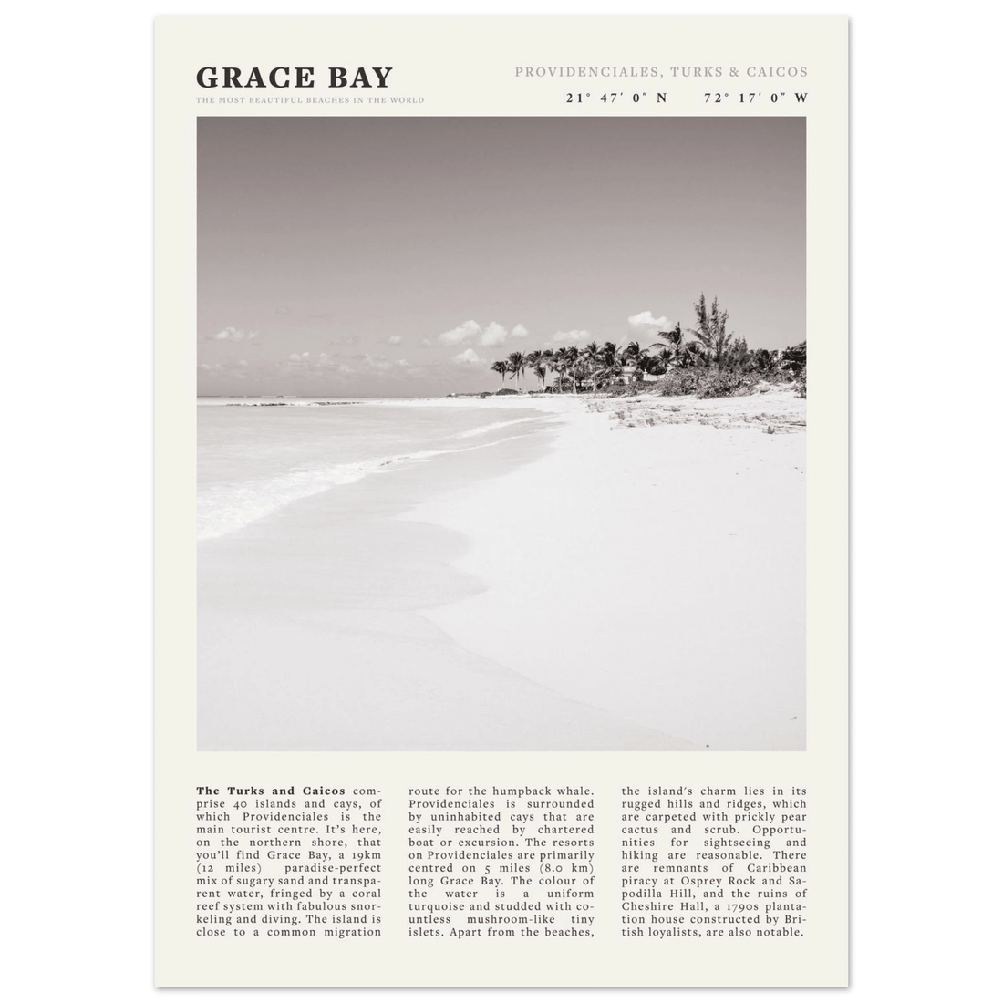 Grace Bay Poster | Black & White Turks & Caicos Wall Art | Caribbean Beach Print - Evergreen Posters