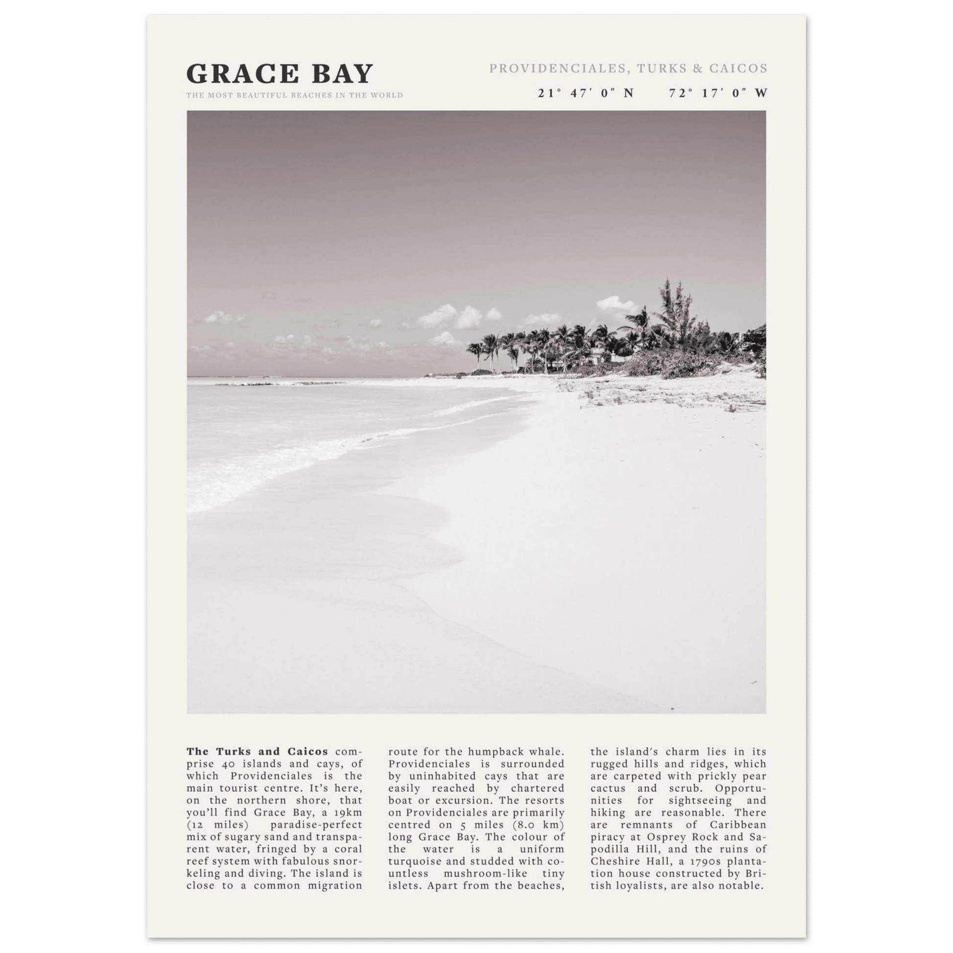 Grace Bay Poster | Black & White Turks & Caicos Wall Art | Caribbean Beach Print - Evergreen Posters